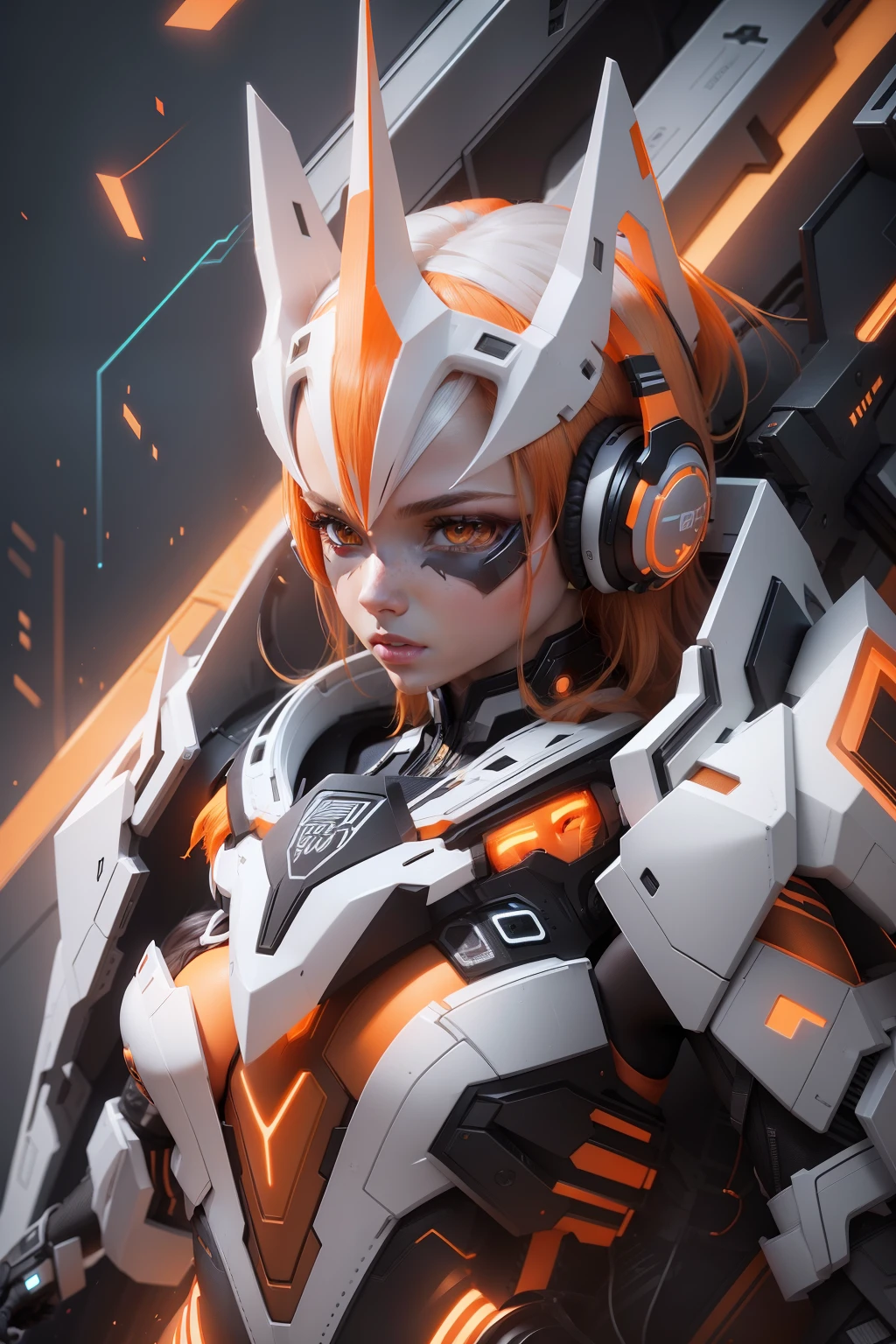 Female, girl, 3d, slim body, white detail, orange detail, black detail, neon body details, headphones, detail background, crown, white skin, orange hair,