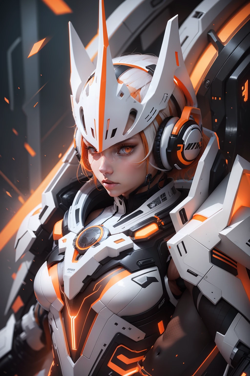 Female, girl, 3d, slim body, white detail, orange detail, black detail, neon body details, headphones, detail background, crown, white skin, orange hair,