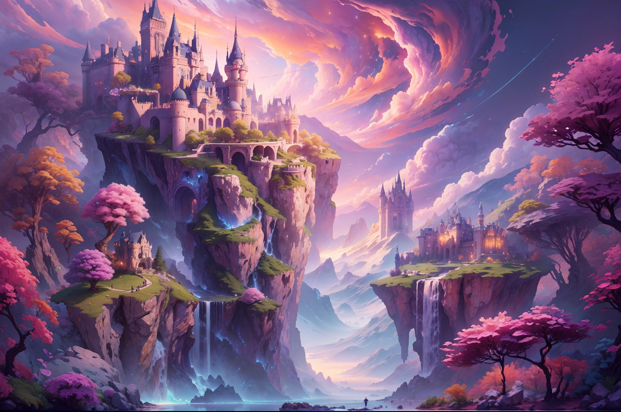 Generate a realistic fantasy landscape with beautiful, ornate romantic buildings, floating islands, crystalline waterfalls streaming from the floating islands, and a dreamy landscape of highly detailed flowers and dreamy watercolors. This is the (((romantic))) realm of the gods. (((The castles look like they are carved from shimmering marble, with distinct and complex details adding to their realism.))) Cotton candy clouds wisp into beautiful glittering stars across the colorful sky, with mesmerizing pink and purple celestial lights creating an enchanting atmosphere. Include many different levels and high visual interest. The environment is large and awe-inspiring, and this is a macro shot. The general ambience is peace, tranquility, and highly detailed sweetness. Include interesting fantasy elements with colors that complement the rest of the landscape. The sky should be very detailed. The landscape should very detailed. All buildings should be ornate with complex and intricate details. Include a luminous and magical atmosphere, magic bubbles, shimmering colors, many small fantasy details including iridescence, expertly created majestic landscapes, and shimmer and glimmer. Include lots of vibrant colors and vaguely surreal details. Camera: Utilize dynamic composition to create interest and excitement. CGI, unreal engine, unity engine, (((masterpiece))), high resolution, 8k, best quality, high quality, highres, 16, RAW, ultra highres, ultra details, finely detail, an extremely delicate and beautiful, extremely detailed, real shadow, anime, highly detailed painted, award-winning glamour painting, wonderful painting, art style, stylized, ((add_detail:2))