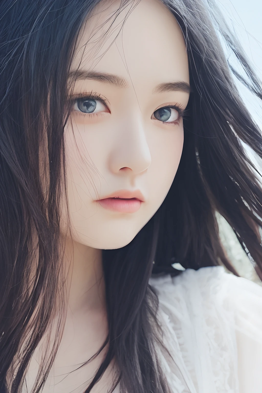 (Detailed and realistic portrait of pretty face girl)、(Shot outside with round eyes and long flapping hair)、Staring at the camera、magical photography、Dramatic lighting、Photographic realism、ultra-detailliert、
 Intimate portrait composition、(Center image composition)、(up close shot:1.6)、top-quality、f / 1。8、85 mm、
(28 year old Asian woman), black_hair,(black_eyes:1.2),(bangss),makeup,white_dress,
(Hazy blue_sky_background)、flowy hair