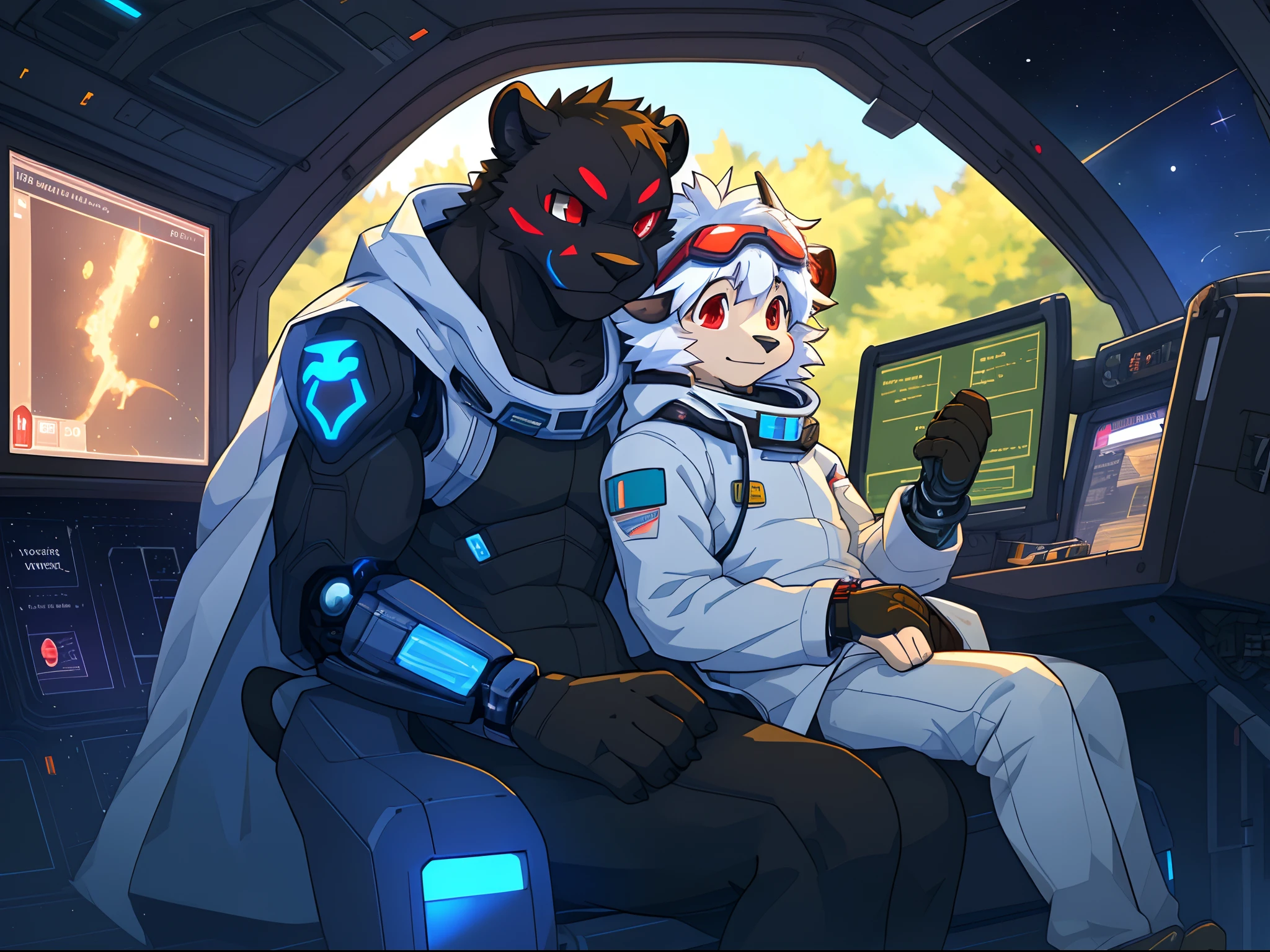 trending on pixiv, (masterpiece), (anime), (male_only) (furry), (couple drawing), (2characters: a {black fur panther with red eyes dressed as a cybernetic astronaut}, a {skinny space scientist professor: white fluffy hair sheep with demon horns and dressed with a white coat and goggles.}), sitting in a spacious spaceship's cockpit, (fixing an emergency error on the motherboard), (panic lights), (small build), (tail), (visible fur paws), (backlit), crash landing, warning screens