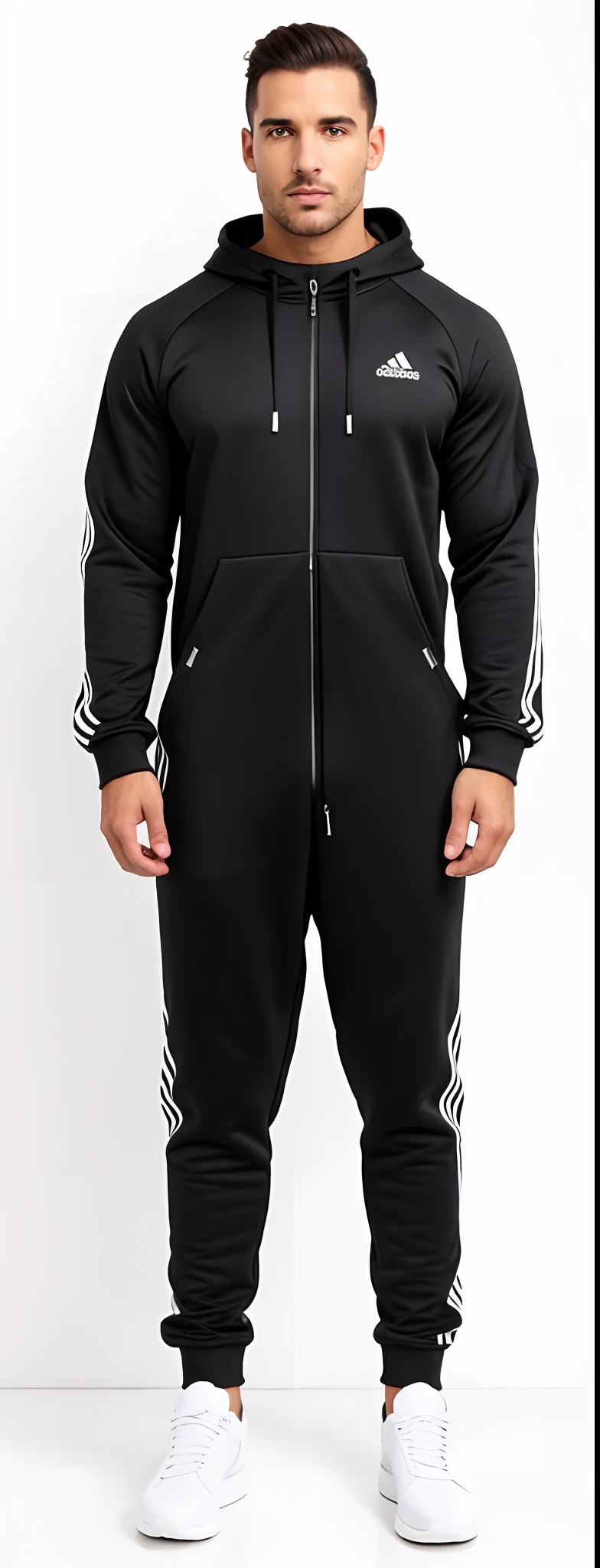 a man in a black hoodie and sweatpants standing in front of a white background, wearing a track suit, agasalho esportivo, Homem em Tracksuit Adidas, wearing a tracksuit, roupa interior preta, vestindo terno de atletismo, technical suit, roupas esportivas, energetic varia suit, wearing human air force jumpsuit, Cor principal - Preto, Foto do produto
