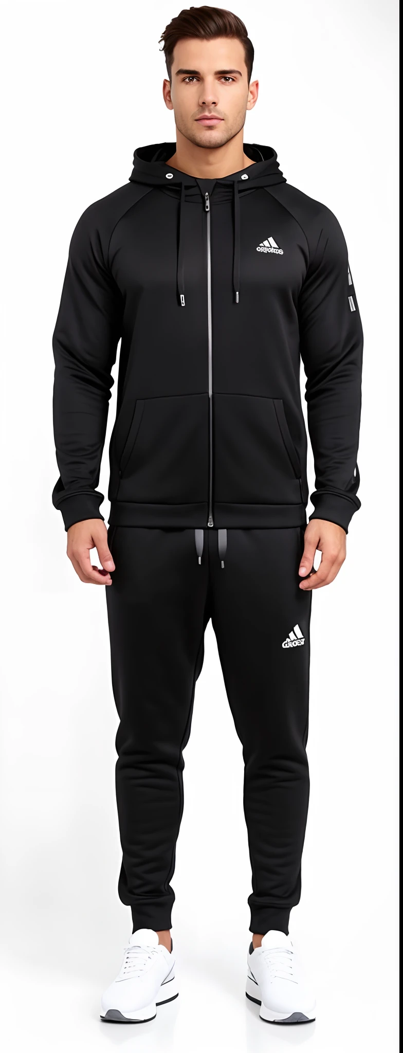 a man in a black hoodie and sweatpants standing in front of a white background, wearing a track suit, agasalho esportivo, Homem em Tracksuit Adidas, wearing a tracksuit, roupa interior preta, vestindo terno de atletismo, technical suit, roupas esportivas, energetic varia suit, wearing human air force jumpsuit, Cor principal - Preto, Foto do produto