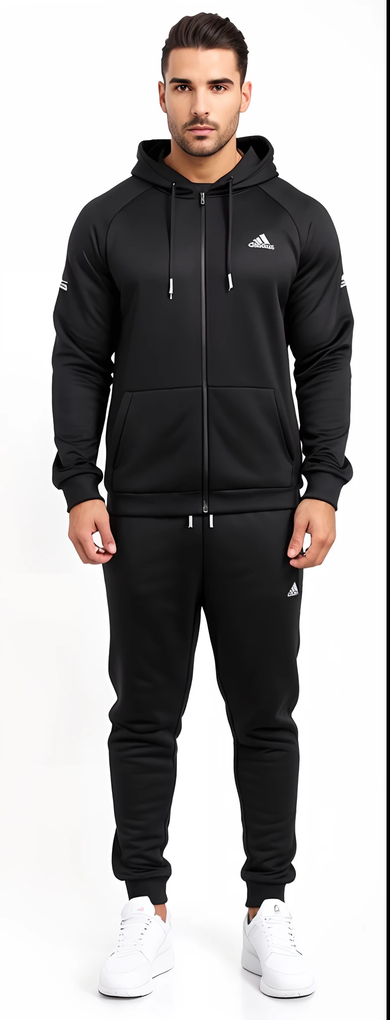 a man in a black hoodie and sweatpants standing in front of a white background, wearing a track suit, agasalho esportivo, Homem em Tracksuit Adidas, wearing a tracksuit, roupa interior preta, vestindo terno de atletismo, technical suit, roupas esportivas, energetic varia suit, wearing human air force jumpsuit, Cor principal - Preto, Foto do produto