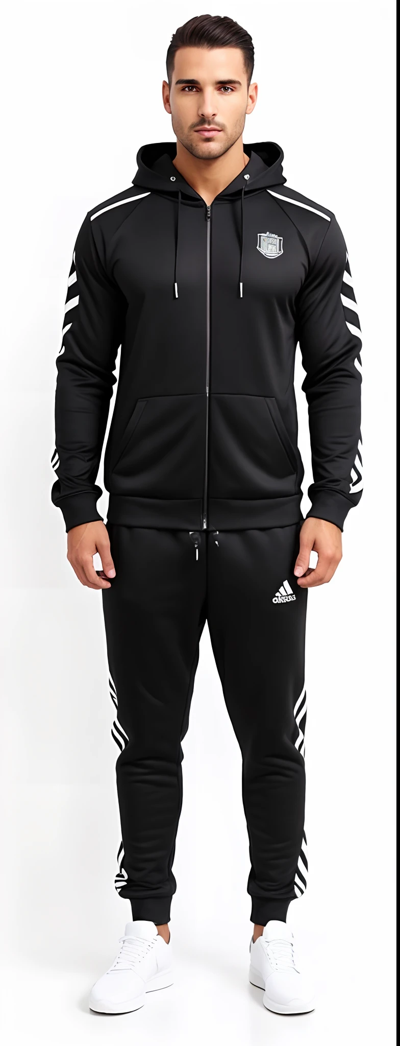 a man in a black hoodie and sweatpants standing in front of a white background, wearing a track suit, agasalho esportivo, Homem em Tracksuit Adidas, wearing a tracksuit, roupa interior preta, vestindo terno de atletismo, technical suit, roupas esportivas, energetic varia suit, wearing human air force jumpsuit, Cor principal - Preto, Foto do produto