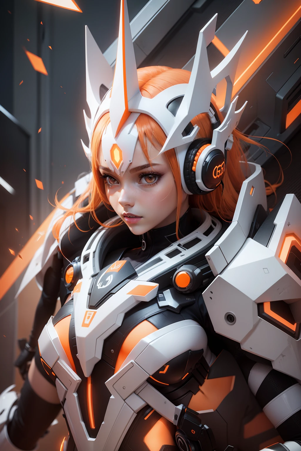 Female, girl, 3d, slim body, white detail, orange detail, black detail, neon body details, headphones, detail background, crown, orange hair,