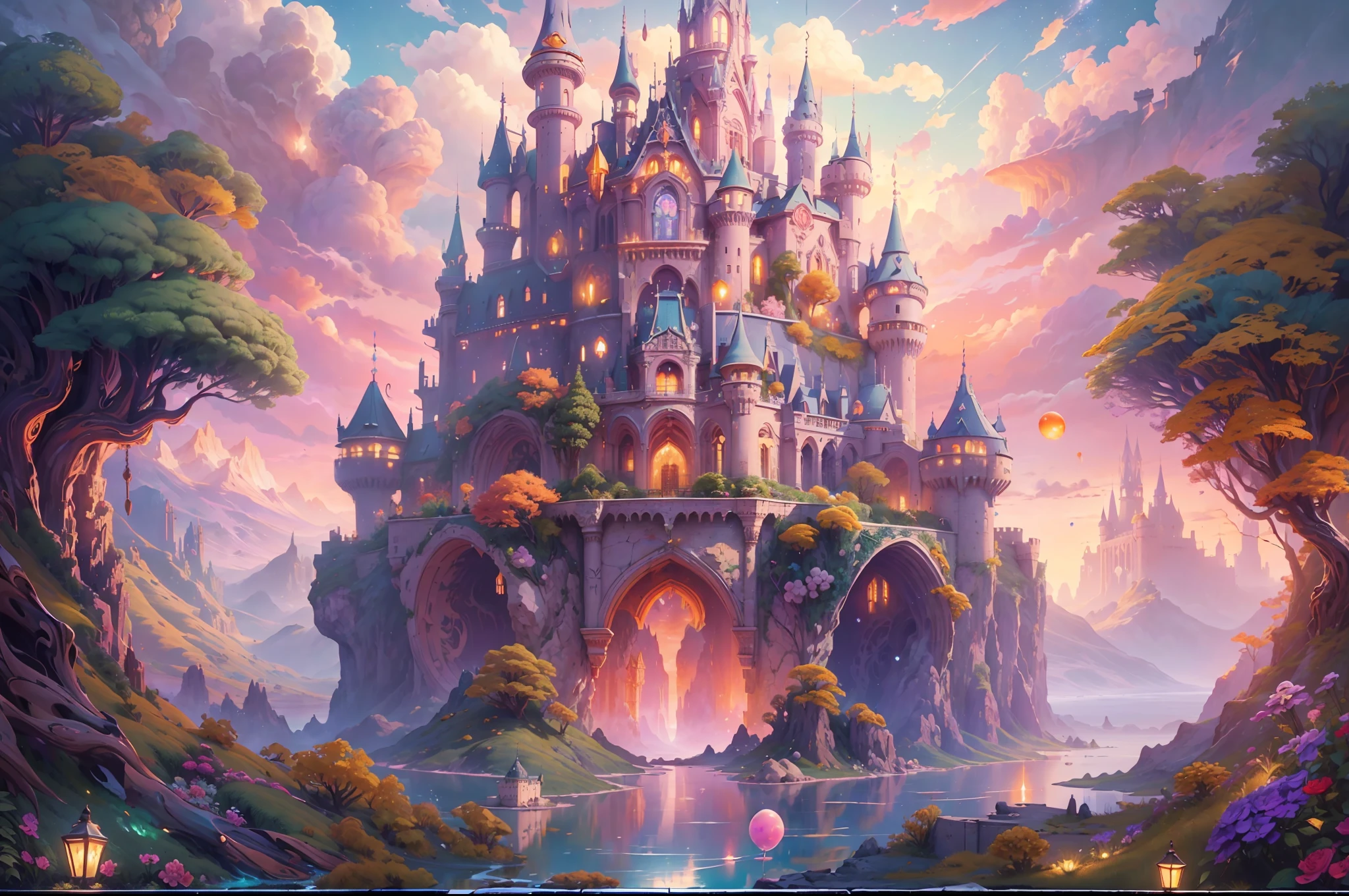 Generate a realistic fantasy landscape with beautiful, ornate romantic buildings, floating islands, crystalline waterfalls streaming from the floating islands, and a dreamy landscape of highly detailed flowers and dreamy watercolors. This is the (((romantic))) realm of the gods. (((The castles look like they are carved from shimmering marble, with distinct and complex details adding to their realism.))) Cotton candy clouds wisp into beautiful glittering stars across the colorful sky, with mesmerizing pink and purple celestial lights creating an enchanting atmosphere. Include many different levels and high visual interest. The environment is large and awe-inspiring, and this is a macro shot. The general ambience is peace, tranquility, and highly detailed sweetness. Include interesting fantasy elements with colors that complement the rest of the landscape. The sky should be very detailed. The landscape should very detailed. All buildings should be ornate with complex and intricate details. Include a luminous and magical atmosphere, magic bubbles, shimmering colors, many small fantasy details including iridescence, expertly created majestic landscapes, and shimmer and glimmer. Include lots of vibrant colors and vaguely surreal details. Camera: Utilize dynamic composition to create interest and excitement. CGI, unreal engine, unity engine, (((masterpiece))), high resolution, 8k, best quality, high quality, highres, 16, RAW, ultra highres, ultra details, finely detail, an extremely delicate and beautiful, extremely detailed, real shadow, anime, highly detailed painted, award-winning glamour painting, wonderful painting, art style, stylized, ((add_detail:2))