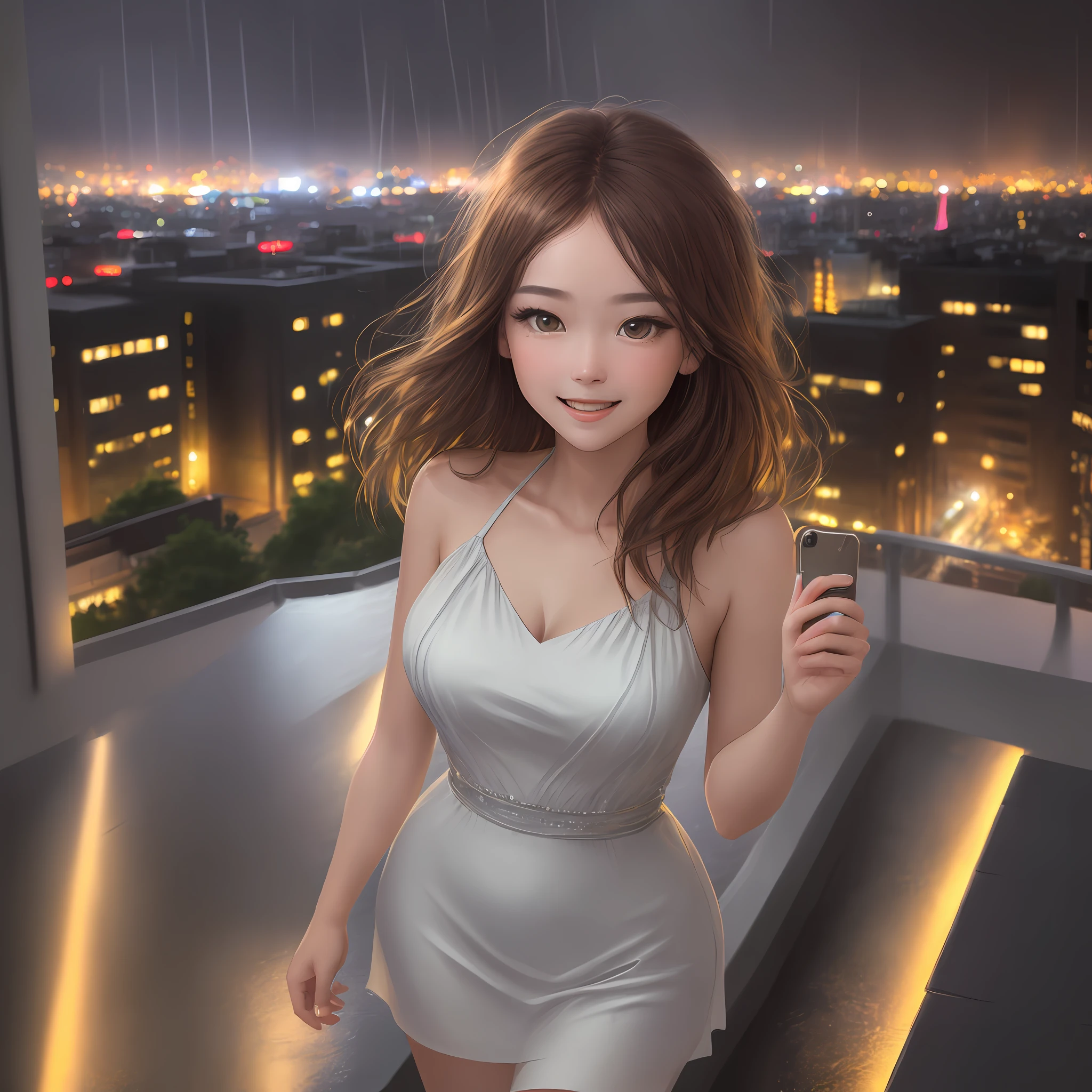 ((Best quality, 8k, Masterpiece: 1.3)), Selfie, Sharp focus: 1.2, Cute beautiful woman with perfect body: 1.4, Slim big breasts: 1.2, ((Brown hair dark, Big breasts: 1.2)) , (small transparent dress, half naked, highly detailed breasts, Happy expression, Standing: 1.2), ((Night view of the city with rain, Balcony simple: 1.3 making with the female being the main focus)), Highly detailed face and skin texture, Detailed eyes, Double eyelid