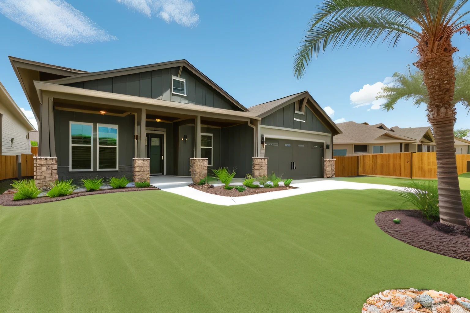photo of a modern craftsman home in a south texas subdivision, mini palm trees and rocks landscaping, (intricate details:1.12), hdr, (intricate details, hyperdetailed:1.15)
