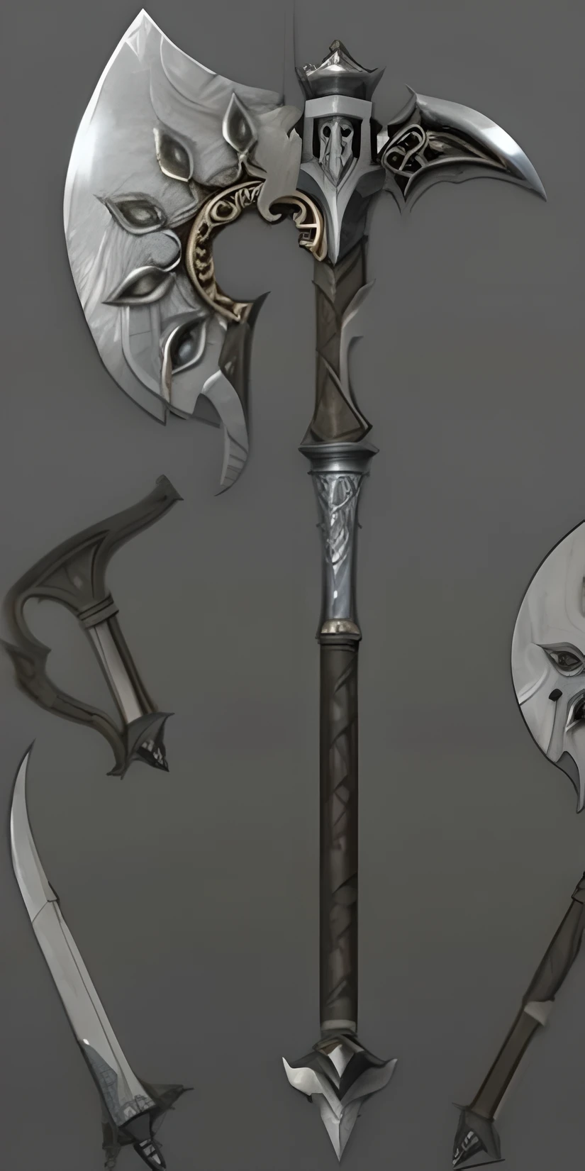 um close up de um monte de armas diferentes em um fundo cinza, arte conceitual de arma, design de foice, design de armas, epic fantasy weapon art, arma de fantasia, foice fantasia, arte conceitual de armas, arte da arma do RPG de fantasia, Projetos de conceito de armamento, foice ornamentada longa e detalhada, arte conceitual, arte conceitual, intricate fantasy spear, Arte conceitual Infinity Blade