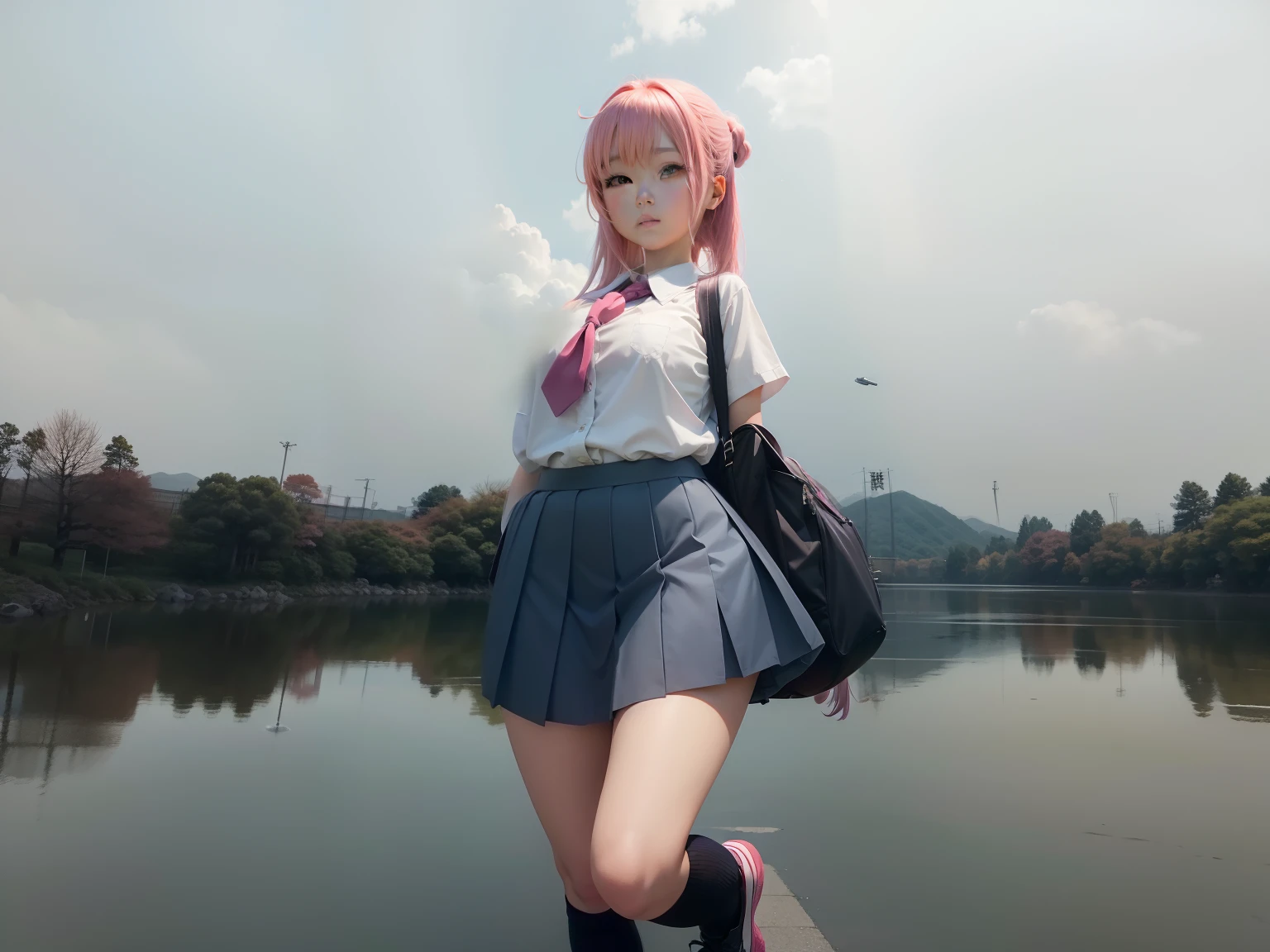 Japanese high school girl，A pink-haired