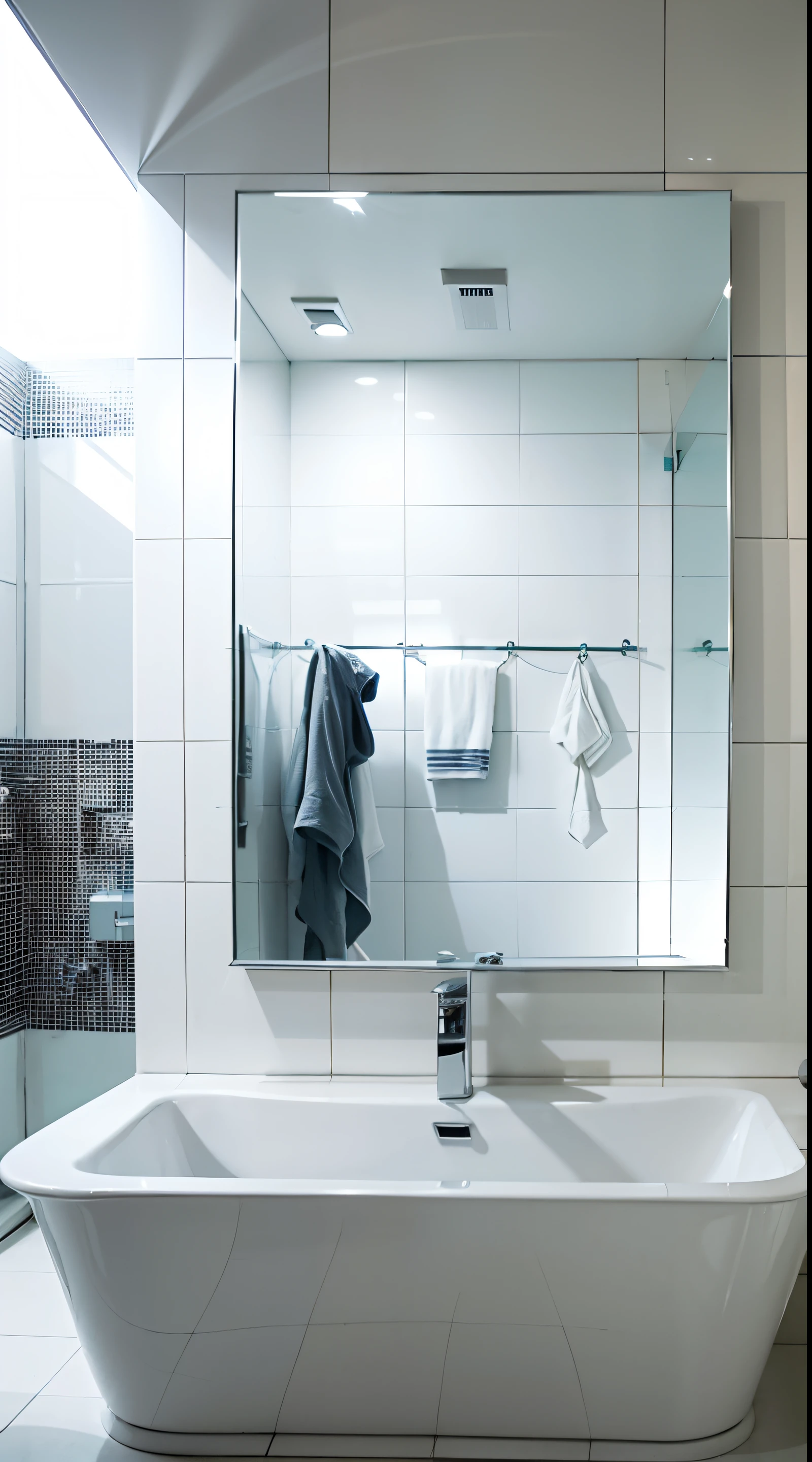 there is a bathroom with a sink and a mirror in it, inside a frame on a tiled wall, interior of a bathroom, arte mista, detiled, white space in middle, superior look, Clean image, Showers, well-illuminated, made of all white ceramic tiles, semi transparent, visually pleasing