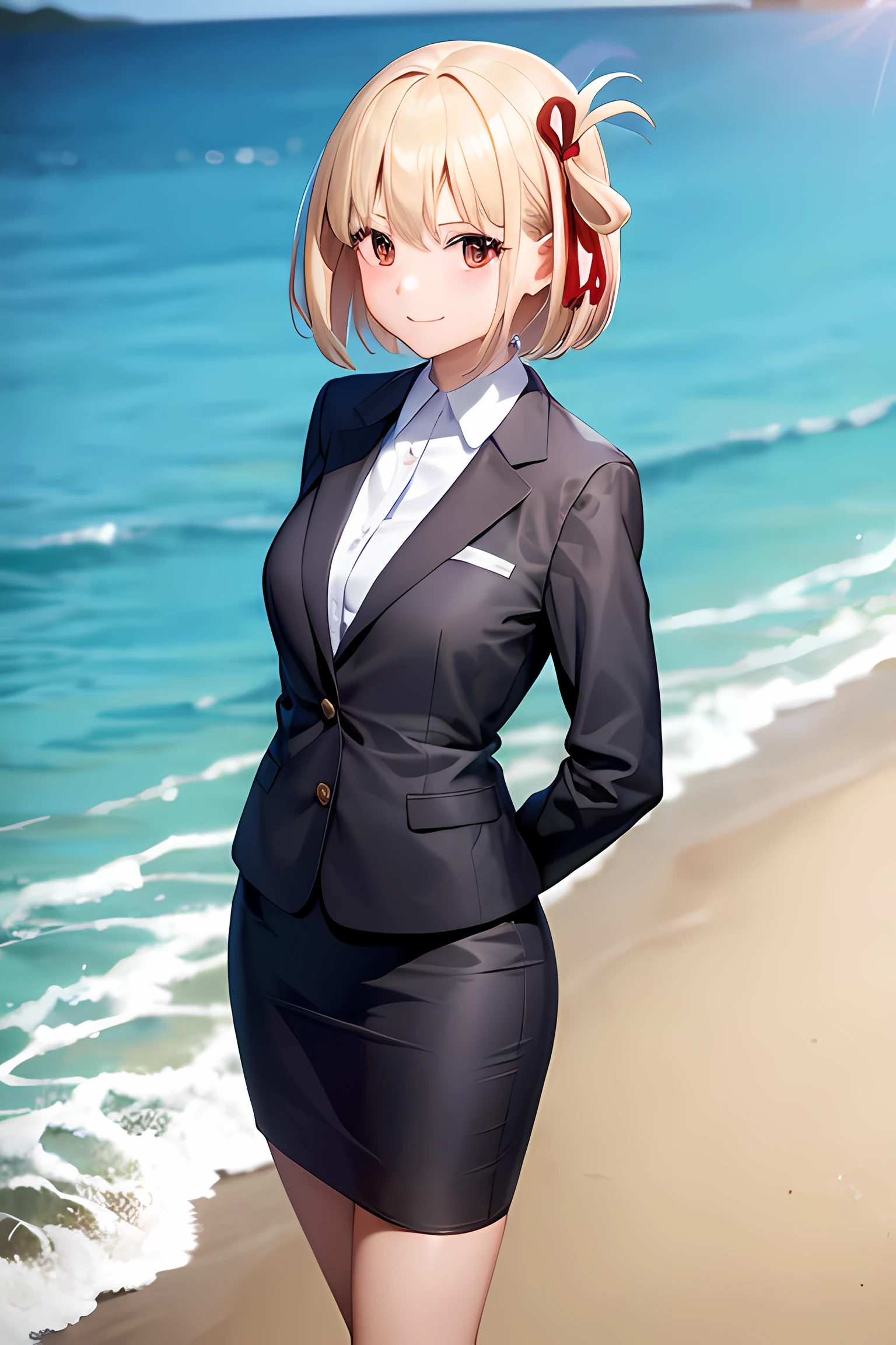 1girl, chisato nishikigi, suit, beach background, office lady, black skirt, black blazer, pencil skirt, white shirt, blonde hair, bob cut, hair ornament, red hair ribbon, short smile, teenager,