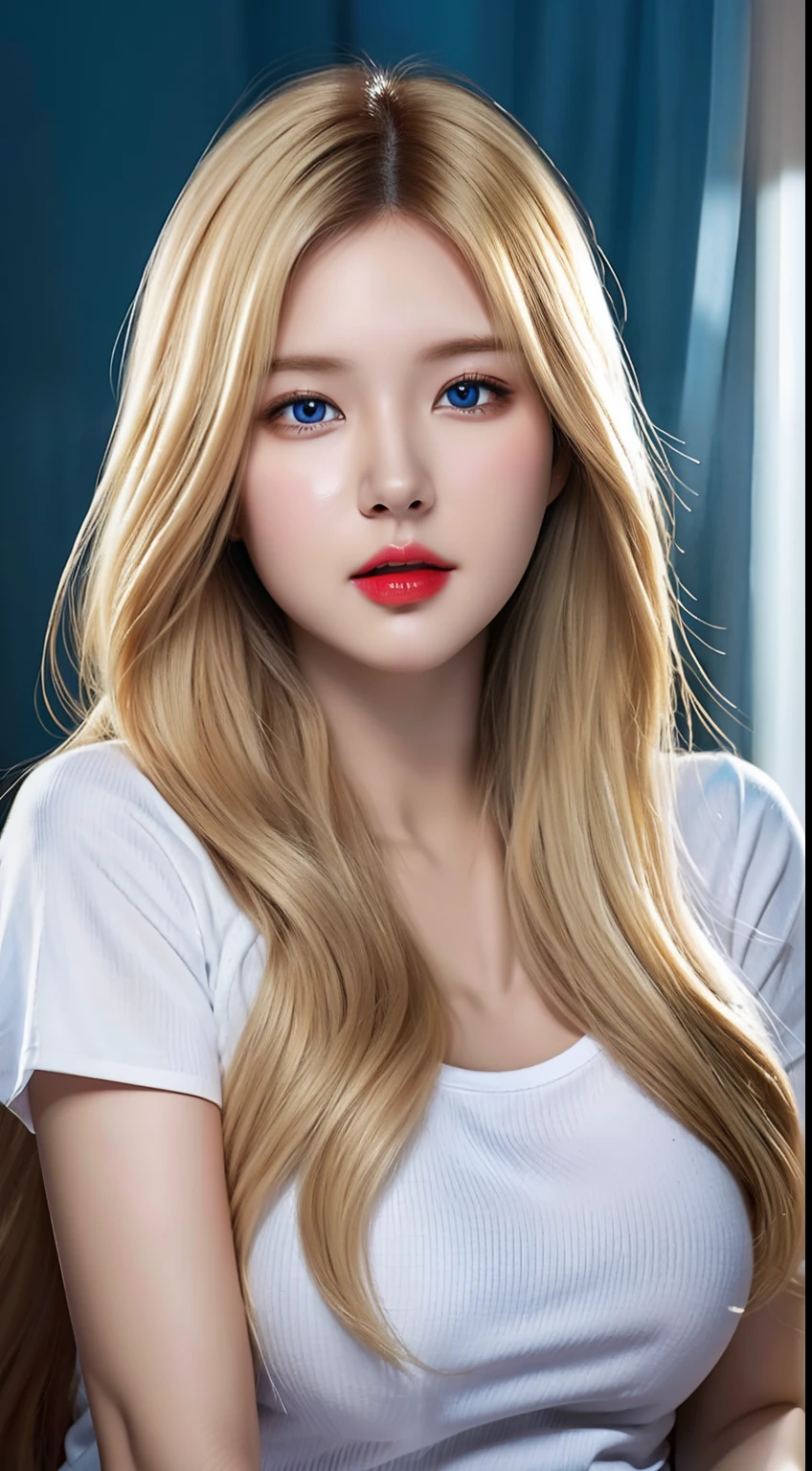 (hyperrealistic), (illustration), (high resolution), (8K), (extremely detailed), (best illustration), (beautiful detailed eyes), (best quality), (ultra-detailed), (masterpiece), (wallpaper), (photorealistic:1.4), (natural light), (rim lighting), (detailed face), high detailed realistic asian skin texture, anatomically correct, solo, 1 girl, (high detailed realistic long blonde hair:1.3), heterochromic eyes, (detailed blue eyes), small moles under the eyes, (big breasts:1.5), long legs, tight abs, dynamic pose, white tight t-shirt, (upon body from head to thighs:1.3)