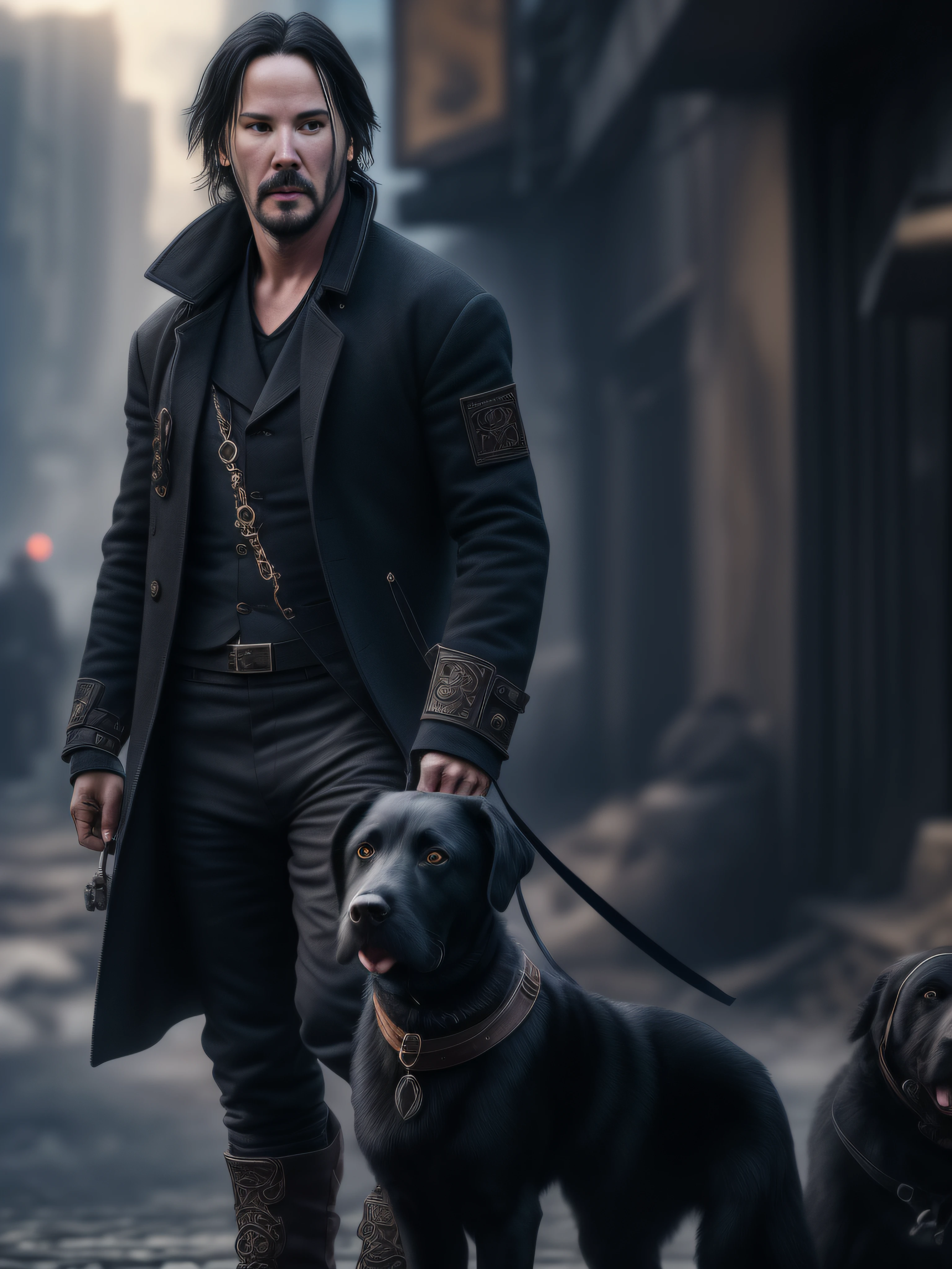 full shot, Keanu Reeves in the background of a post-apocalyptic city walks with a black dog, dressed in steampunk style in black clothes and boots, high resolution, clear focus, dramatic lighting, hyperphotorealism,35mm,natural skin,clothes detail, 8k texture, 8k, insane details, intricate details, hyperdetailedhighly detailed,realistic,soft cinematic light,HDR,sharp focus, ((((cinematic look)))),intricate, elegant, highly detailed