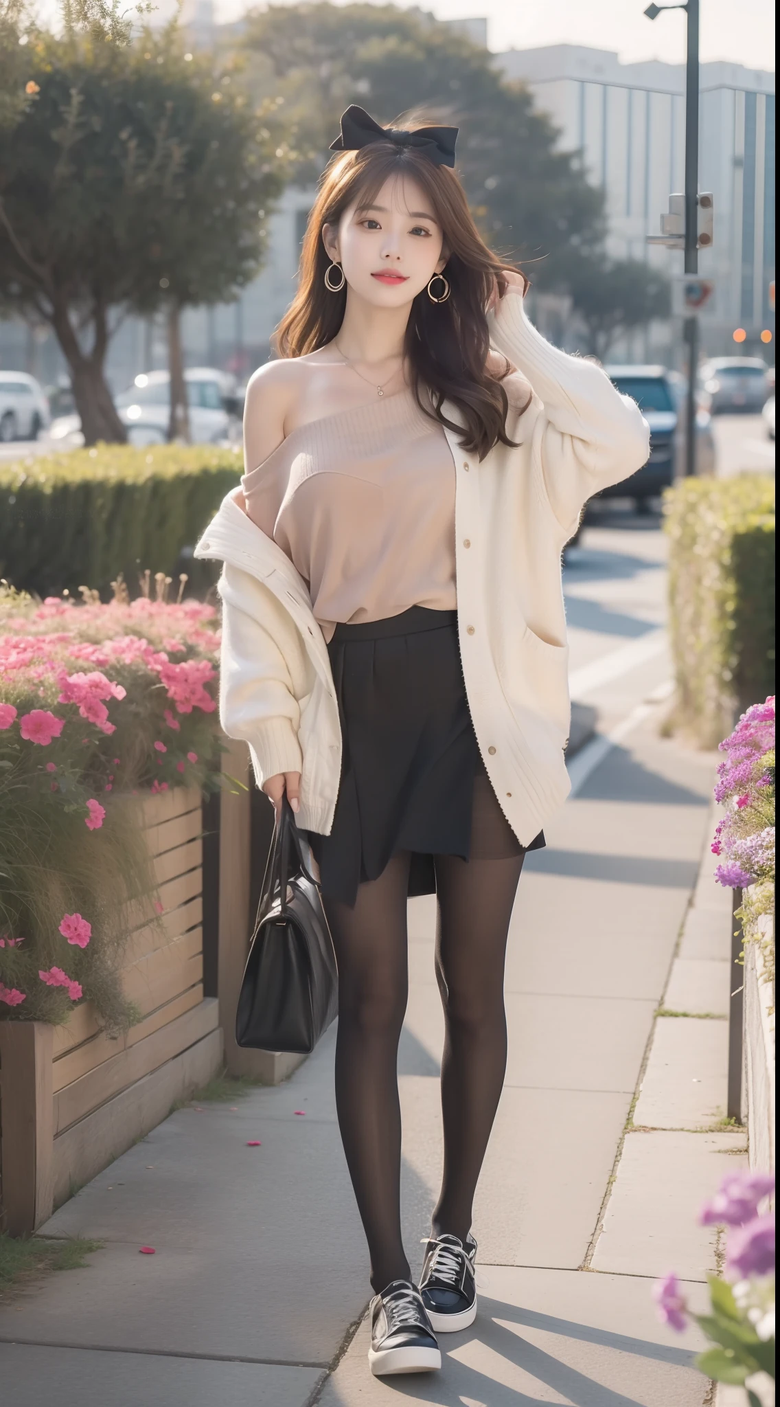 Female star 1.5),(true to life,Photorealistic 1.5),((best qualtiy, 8K, tmasterpiece:1.3)),SLR camera (二重まぶた,largeeyes:1.3),(smile1.5),(Full body photo 1.5)(One person 1.5)Clear focus 1.2, Perfect body beauty:1.4 , Delicate skin1.1,(Long pink hair 1.6),(Fashion watch 1.4),(Pure desire 1.3)(Black pantyhose 1.5)(The leg length is one meter two 1.5),Slender legs,One-shoulder sweater,Bow knot,pleatedskirt,canvas shoe,With earrings,bangle,In the middle of a sea of flowers