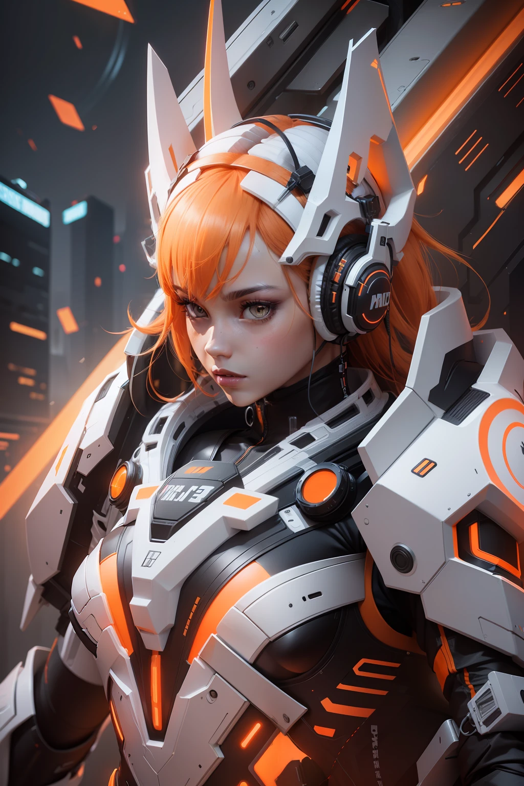 Female, girl, 3d, slim body, white detail, orange detail, black detail, neon body details, headphones, detail background, crown, cyberpunk, orange hair,