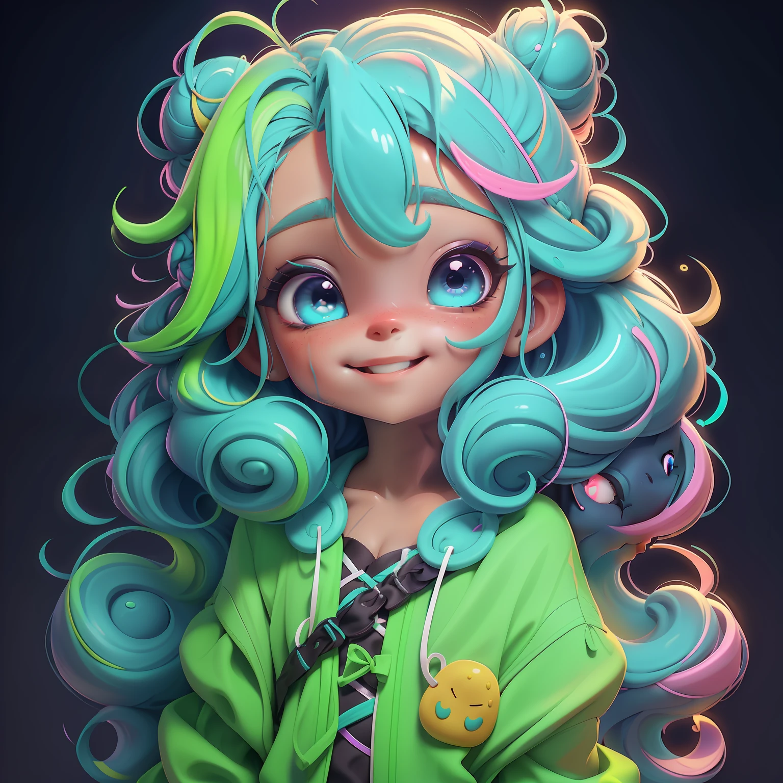 Loli menina lama, (lama), sorrindo, boca delicada, cabelo delicado, olhos delicados, Slime cabelo bun estilo de cabelo, multicolorido, roupas rave neon, master part, best quality