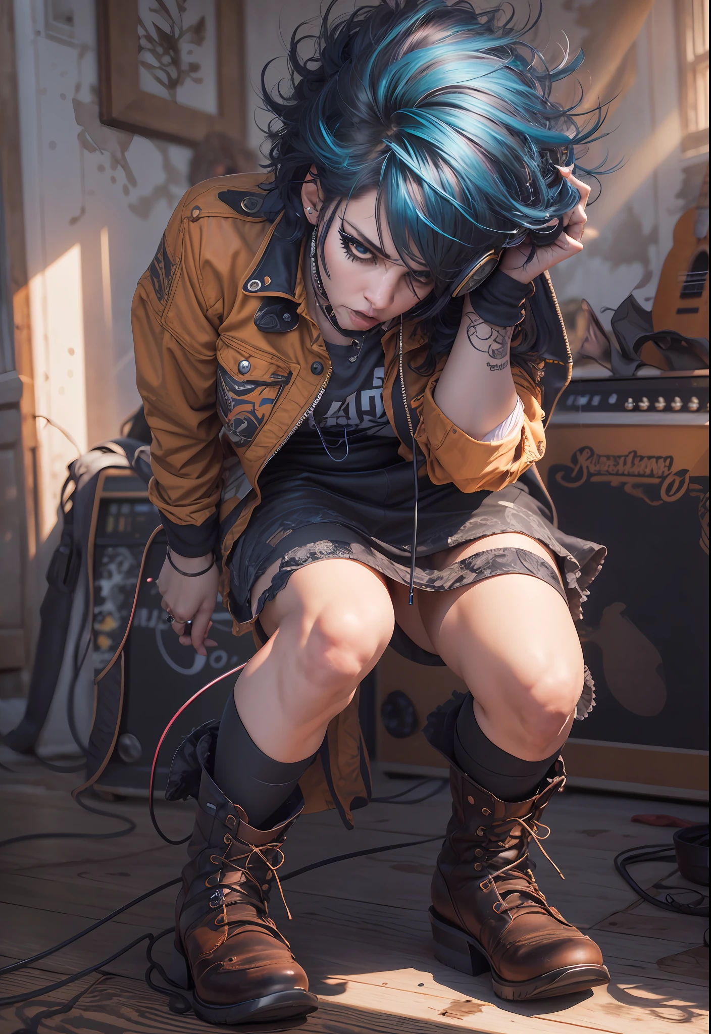 highres, shadows, absurdres, best_quality, ultra_detailed, 8k, extremely_clear, photograph, beautiful, sharp focus, hdr,
A sexy punk rock singer with blue short hair and symmetrical teary eyes holds a guitar and sings into headphones, (mature face:1.4), (black eyeliner:1.4), wearing a red punk skirt skirt, with a dynamic angle, captured in a high-detailed cowboy shot, exuding a melancholy emotion, featuring soothing tones and a contrasting mix of light and shadow, all while emphasizing the subject's hair, eyes, mouth, and action in a composition that is both pleasing to the eye and thought-provoking.