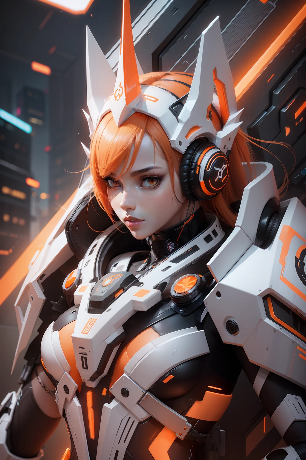 Female, girl, 3d, slim body, white detail, orange detail, black detail, neon body details, headphones, detail background, crown, cyberpunk, orange hair, glossy body, ceramic body,