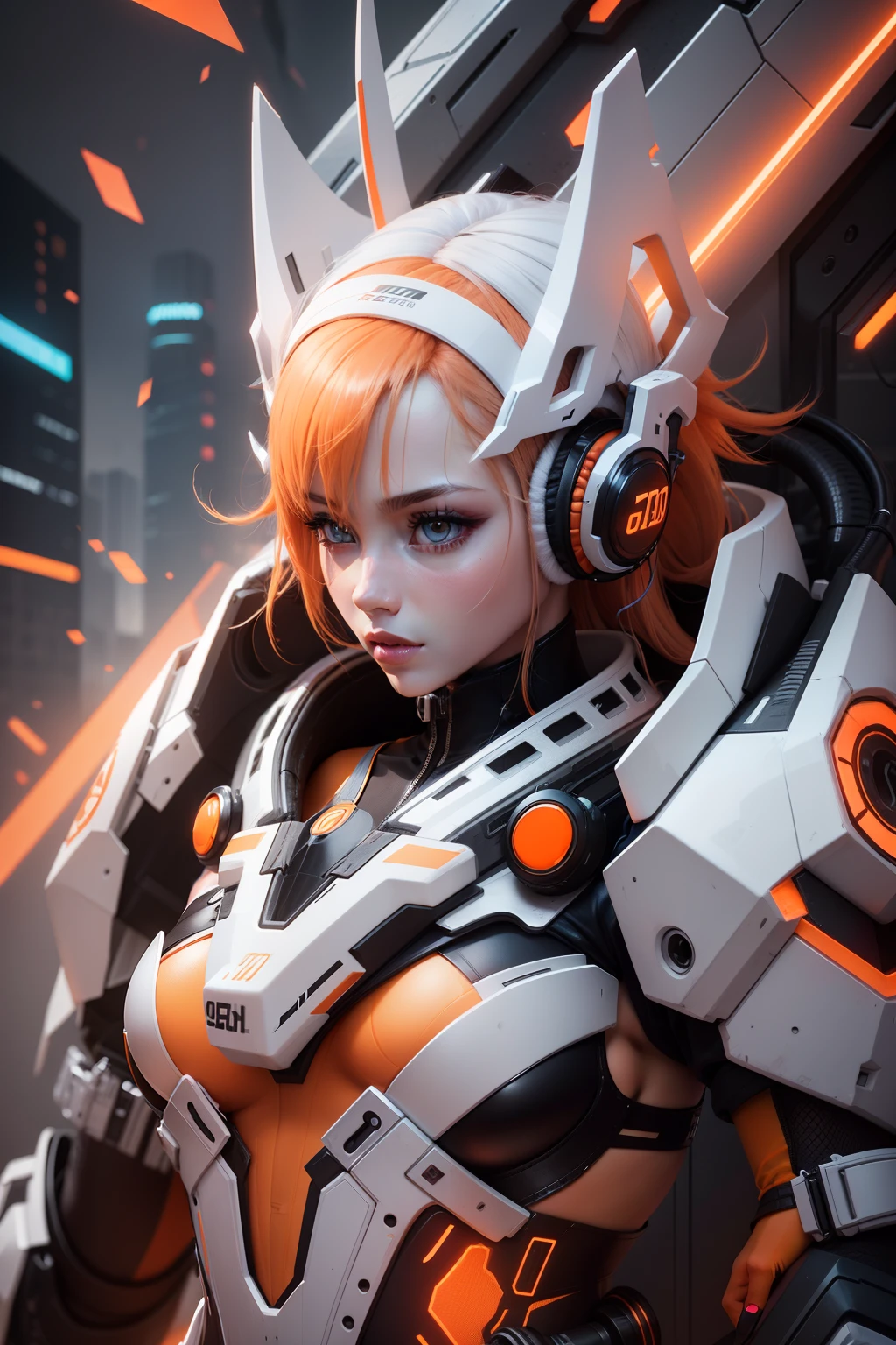 Female, girl, 3d, slim body, white detail, orange detail, black detail, neon body details, headphones, detail background, crown, cyberpunk, orange hair, glossy body, ceramic body,