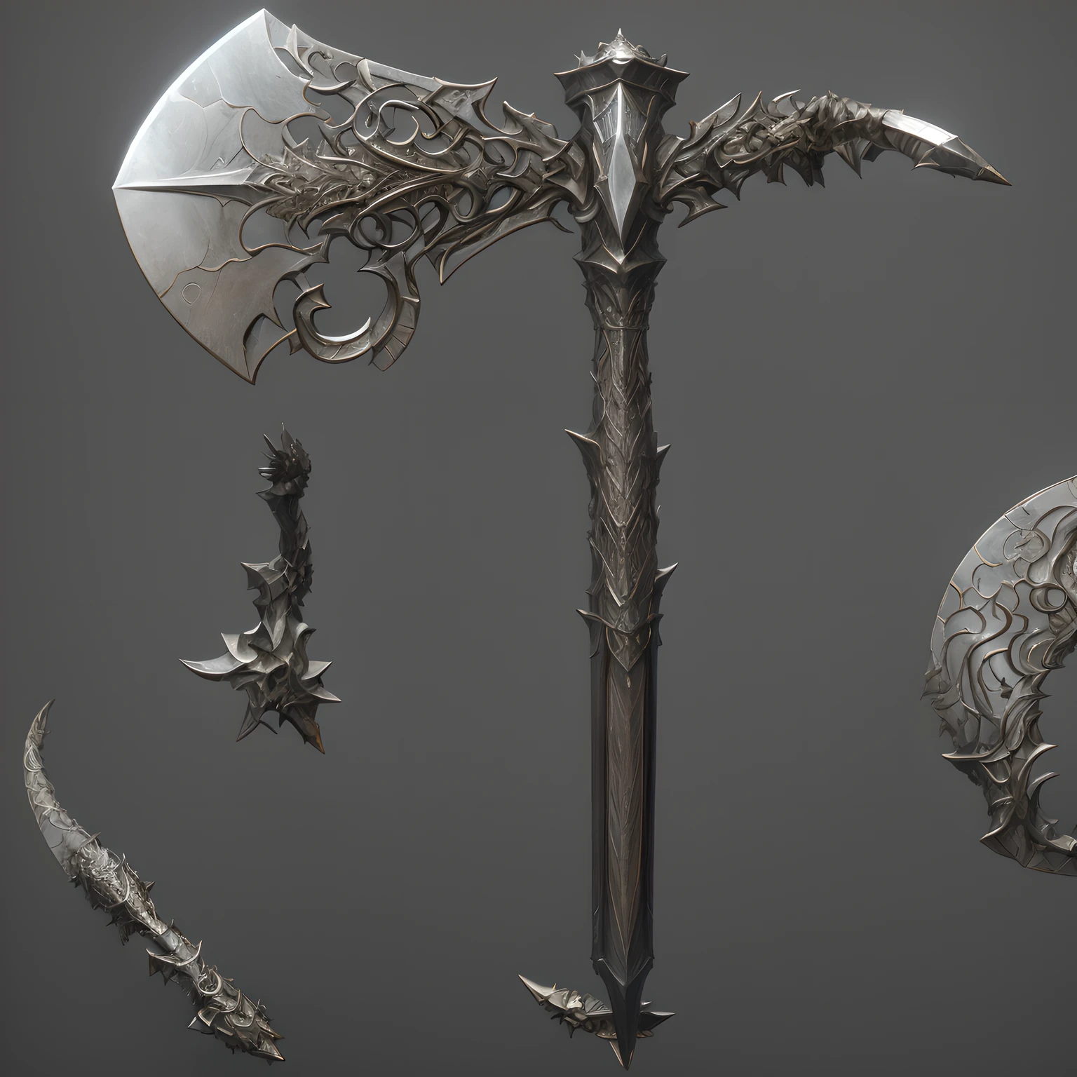um close up de um monte de armas diferentes em um fundo cinza, arte conceitual de arma, design de foice, design de armas, epic fantasy weapon art, arma de fantasia, foice fantasia, arte conceitual de armas, arte da arma do RPG de fantasia, Projetos de conceito de armamento, foice ornamentada longa e detalhada, arte conceitual, arte conceitual, intricate fantasy spear, Arte conceitual Infinity Blade