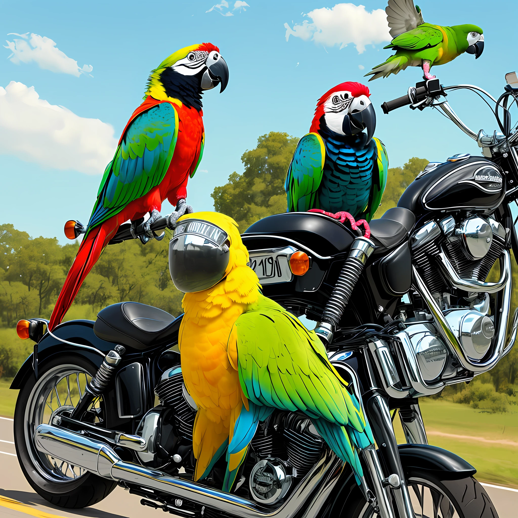 The parrot stood on the handlebar of the motorcycle all the time