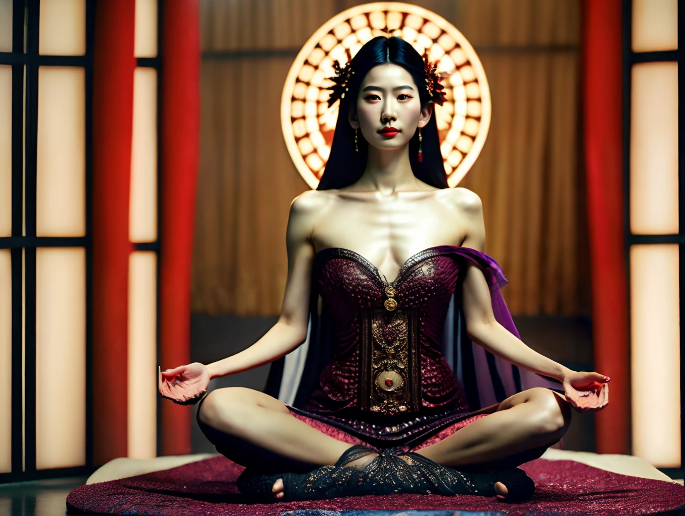 Naked，Silk tulle dress，Avalokitesvara，Meditate cross-legged，Cast spells with both hands
