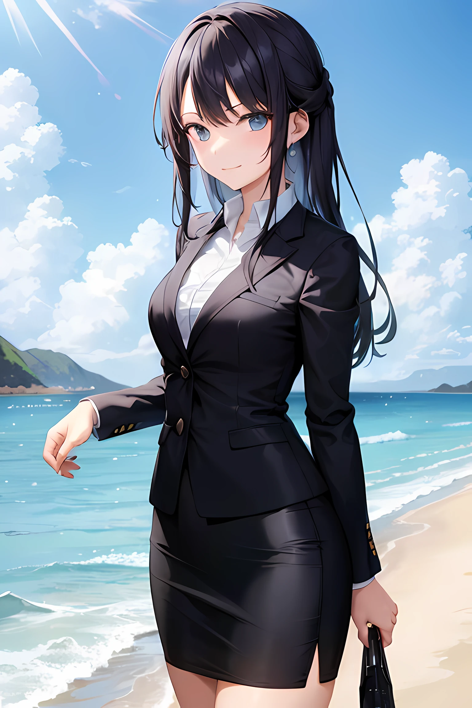 1girl, suit, beach background, office lady, black skirt, black blazer, pencil skirt, long hair, blue hair, light blue eyes, short smile, teenager,