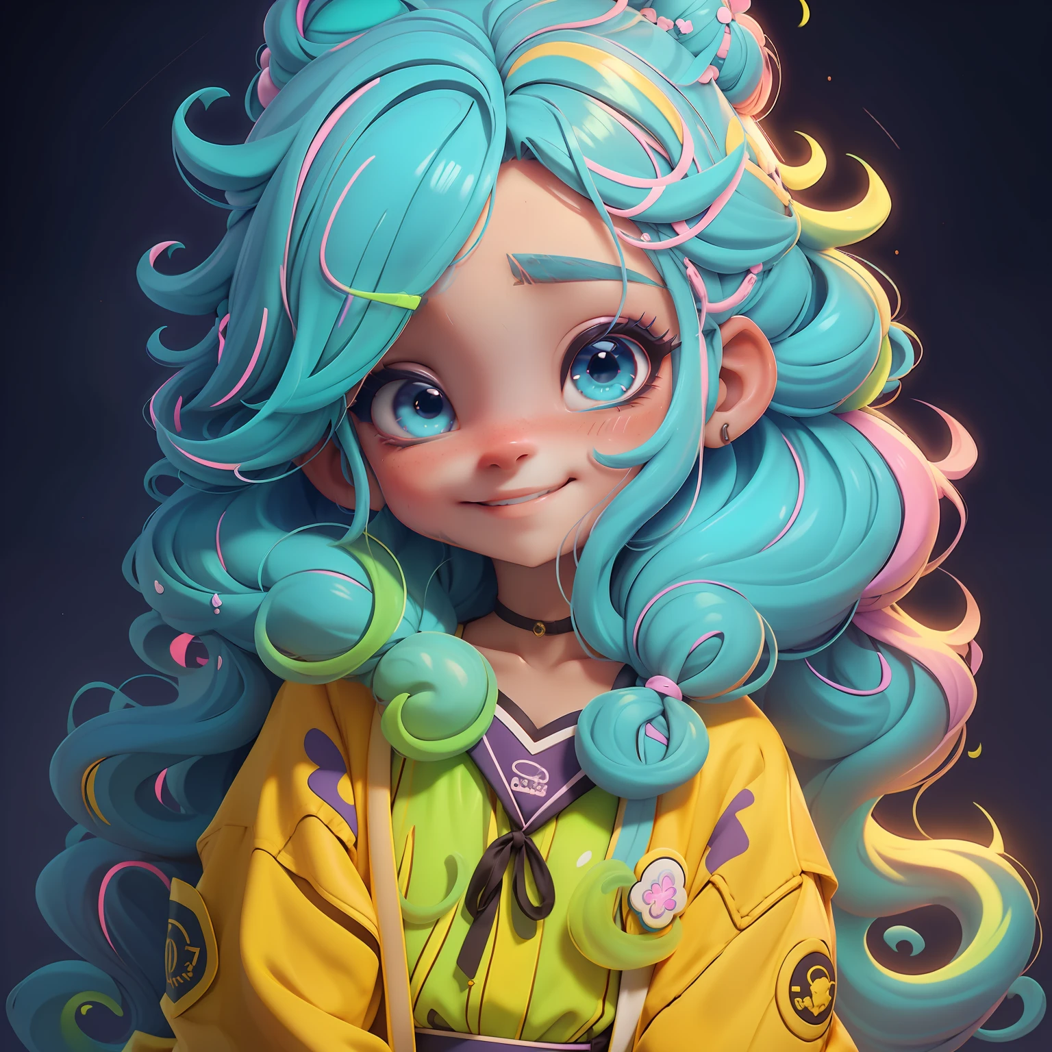 menia, (lama), sorrindo, boca delicada, cabelo delicado, olhos delicados, Slime cabelo bun estilo de cabelo, multicolorido, roupas rave neon, master part, best quality
