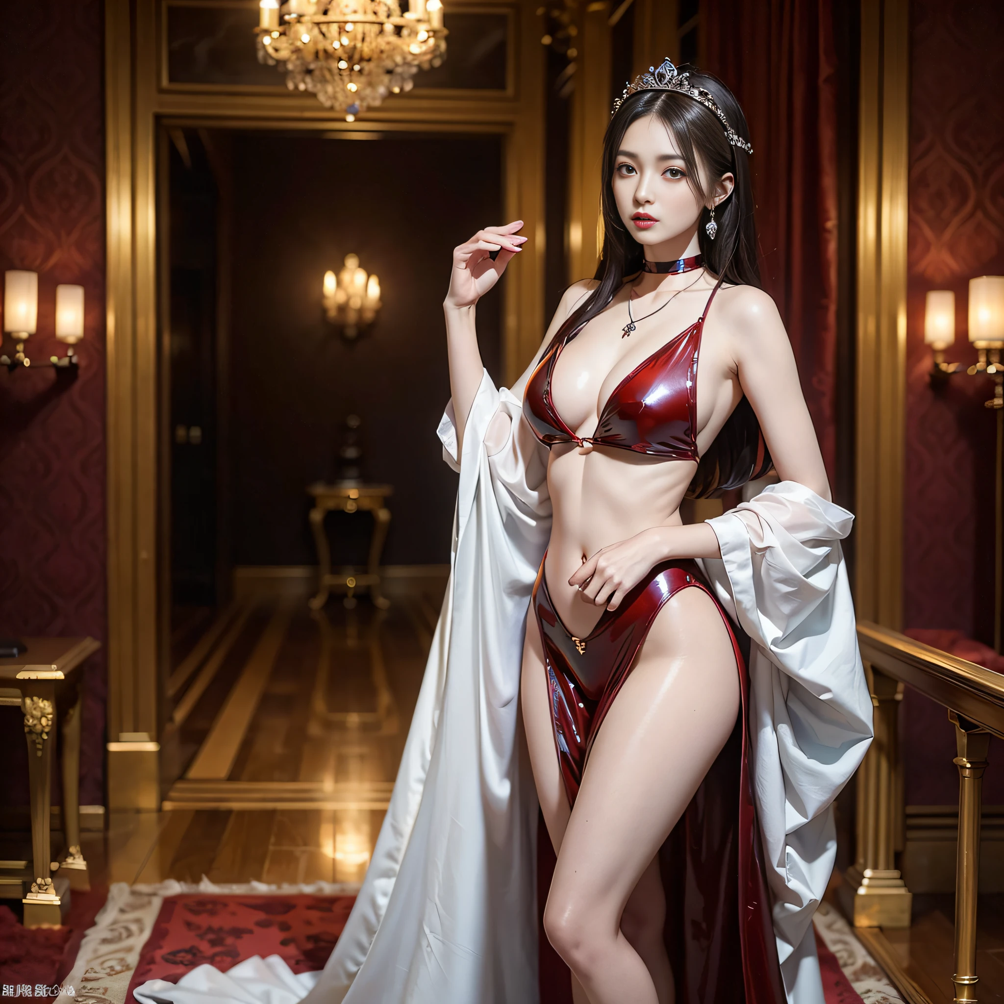 ((​masterpiece:1.4)、(top-quality:1.4)、(reallistic:1.7))、Beautiful girl strolling in the garden of an ancient city、Sexy Daughter、Super beautiful girl、1girl in:1.4、Dress like a queen、Glossy luxury latex、Luxury Latex Bodysuit、By Luis Royo、age19、Super Ultra Ultra Bikini、Outstanding style、Slender Abs、beauty legs、Beautiful ass、A detailed eye、beautidful eyes、Raw photo、red-lips、Red high heels、a choker、a necklace、耳Nipple Ring、Ancient City Kingdom Royal Palace Room