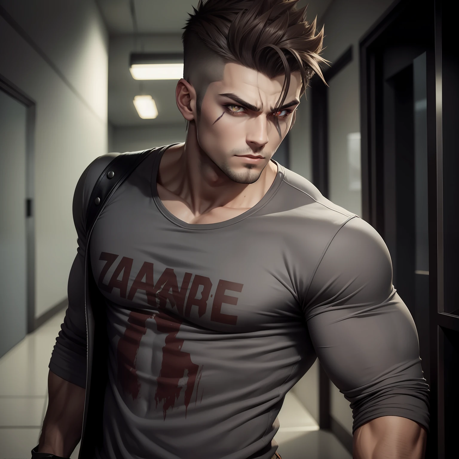 Male. Attractive Zombie. Glowing Gray eyes. Muscled. Brown hair. Short, spikey hairstyle. Dressed in casual clothing.