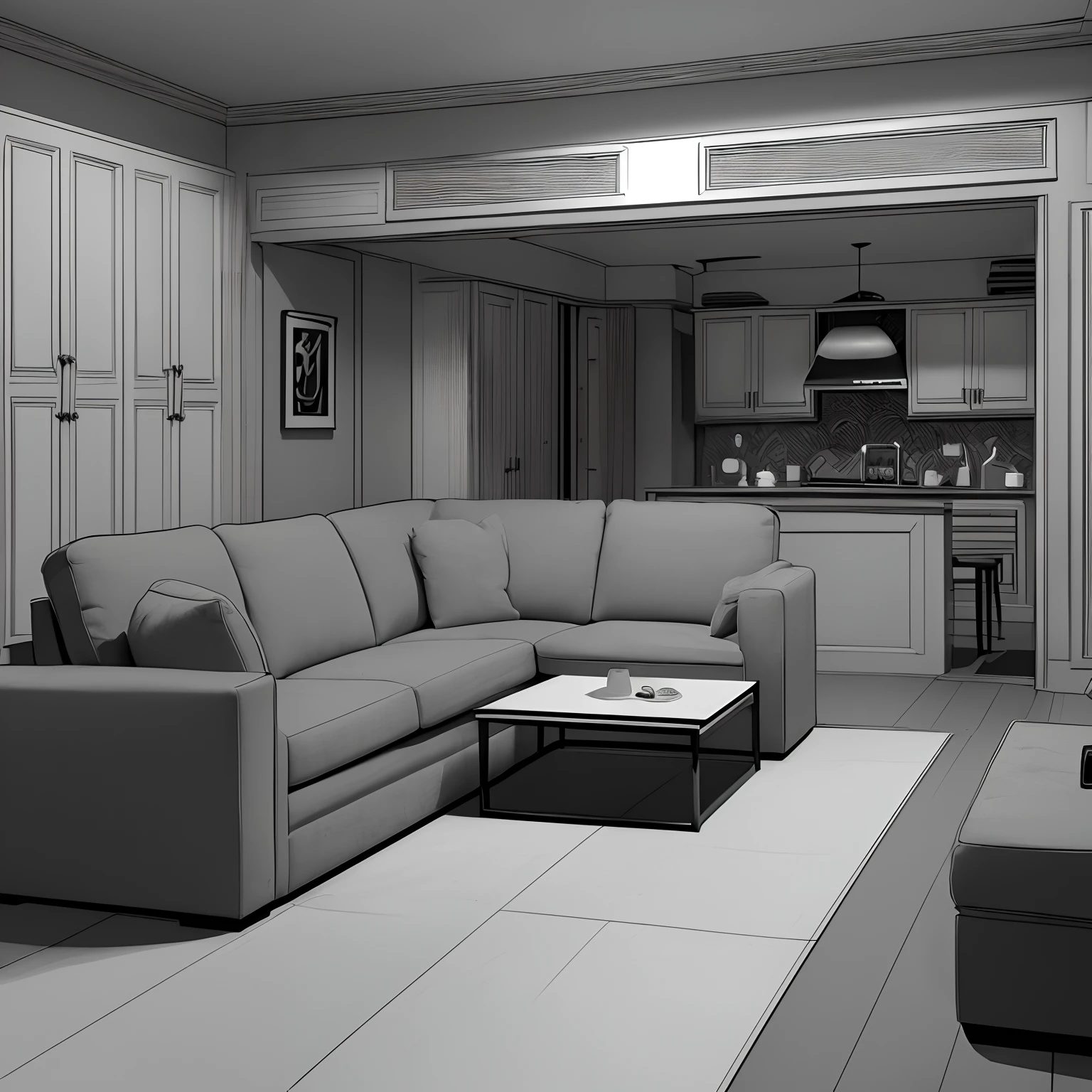 ​masterpiece、top-quality、High-quality images、8K、　　((unmanned、Background with、Accurate perspective、line-drawing、Contour extraction、Monochrome grayscale、Moderate shading、Medium omission、Comic style、)):1.4　((Small living room、The table、Not too much sofa、cupboard、cupboard、unmanned))1.5