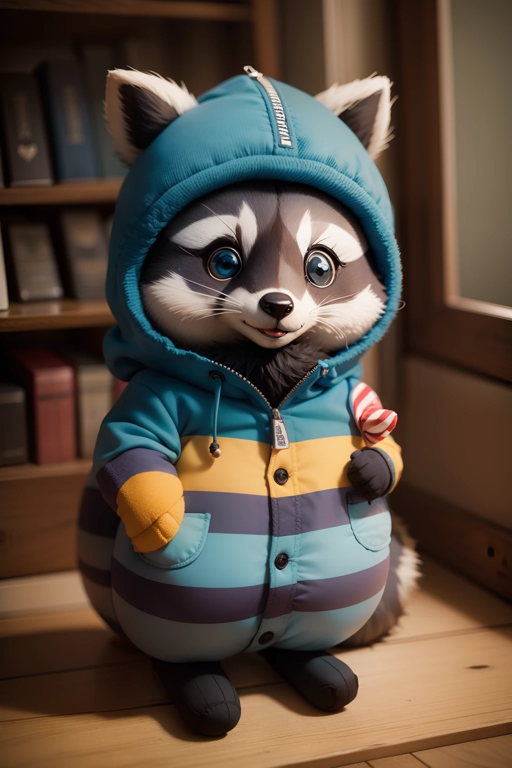 stuffed raccoon Rocky Racon, moletom azul, fofo, amigavel