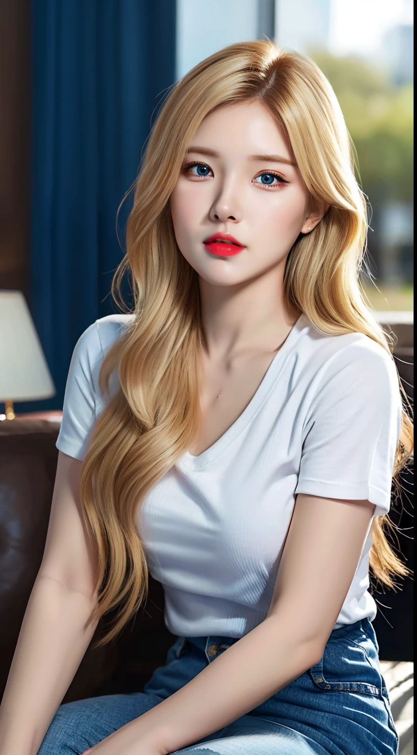 (hyperrealistic), (illustration), (high resolution), (8K), (extremely detailed), (best illustration), (beautiful detailed eyes), (best quality), (ultra-detailed), (masterpiece), (wallpaper), (photorealistic:1.4), (natural light), (rim lighting), (detailed face), high detailed realistic asian skin texture, anatomically correct, solo, 1 girl, (high detailed realistic long blonde hair:1.3), heterochromic eyes, (detailed blue eyes), small moles under the eyes, (big breasts:1.5), long legs, tight abs, dynamic pose, white tight t-shirt, (upon body from head to thighs:1.3)