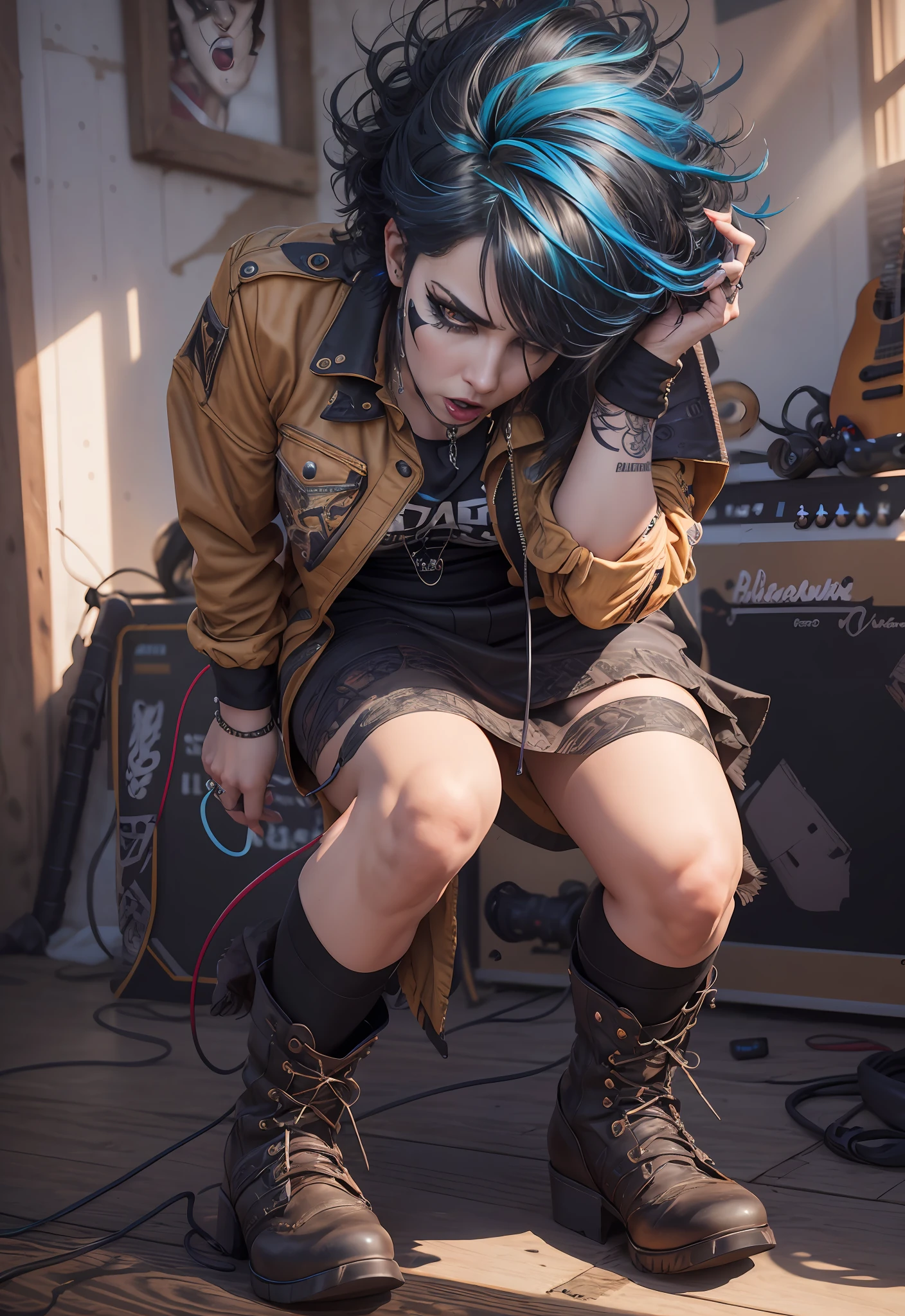 highres, shadows, absurdres, best_quality, ultra_detailed, 8k, extremely_clear, photograph, beautiful, sharp focus, hdr,
A sexy punk rock singer with blue short hair and symmetrical teary eyes holds a guitar and sings into headphones, (mature face:1.4), (black eyeliner:1.4), wearing a red punk skirt skirt, with a dynamic angle, captured in a high-detailed cowboy shot, exuding a melancholy emotion, featuring soothing tones and a contrasting mix of light and shadow, all while emphasizing the subject's hair, eyes, mouth, and action in a composition that is both pleasing to the eye and thought-provoking.