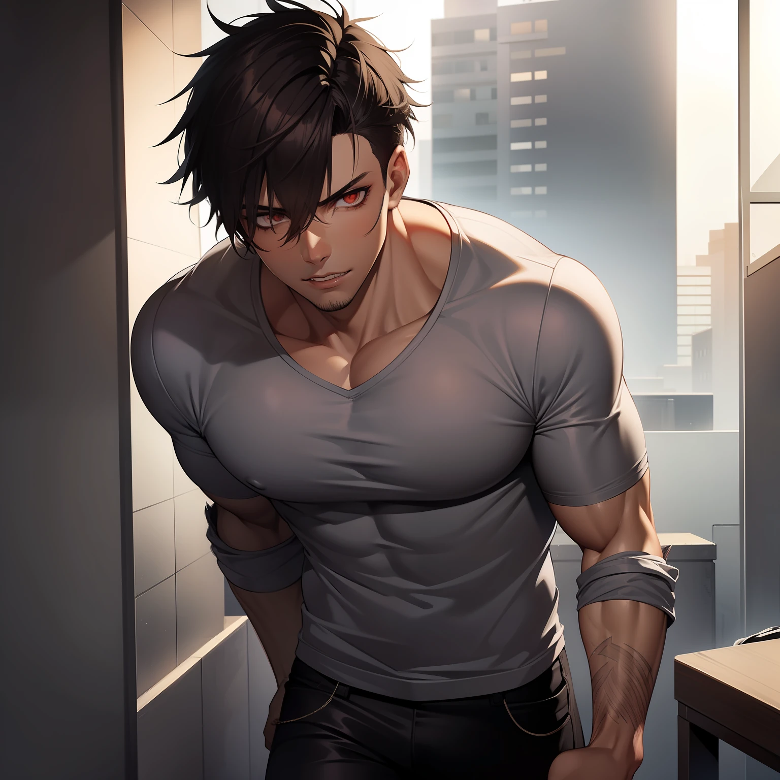 Male. Attractive zombie. Glowing gray eyes. Muscled. Brown hair. Short, spikey hairstyle. Dressed in casual attire.
