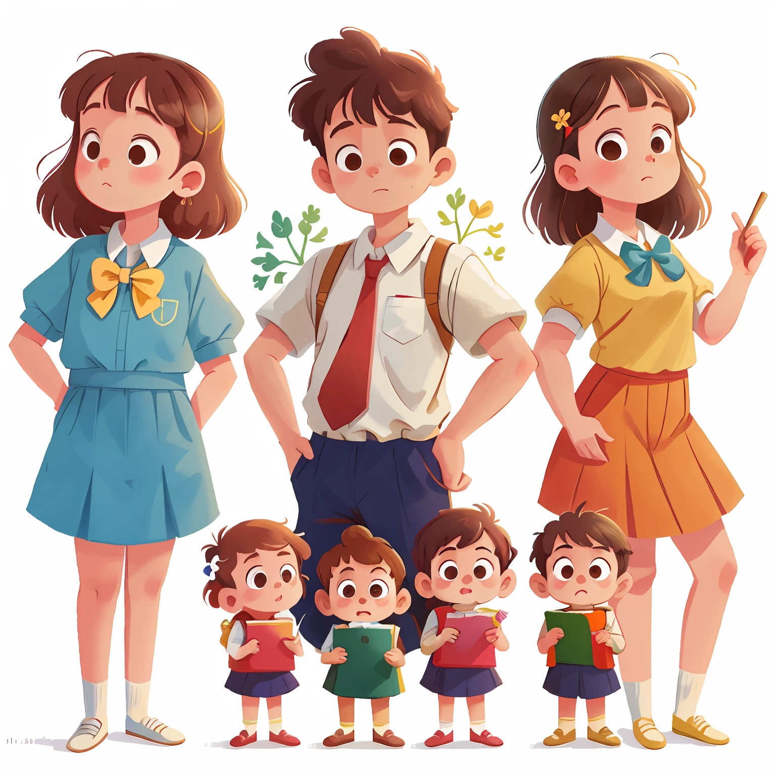 illustration, masterpiece, best quality, School teacher, in school uniform, with several students (girls and boys) standing side by side hand in hand standing side by side, hand on shoulder from opposite, Happy, full body, in the style of children book character, character sheet, white background, adjective + object, character sheet, children book character, white background, white background, looking at viewer,