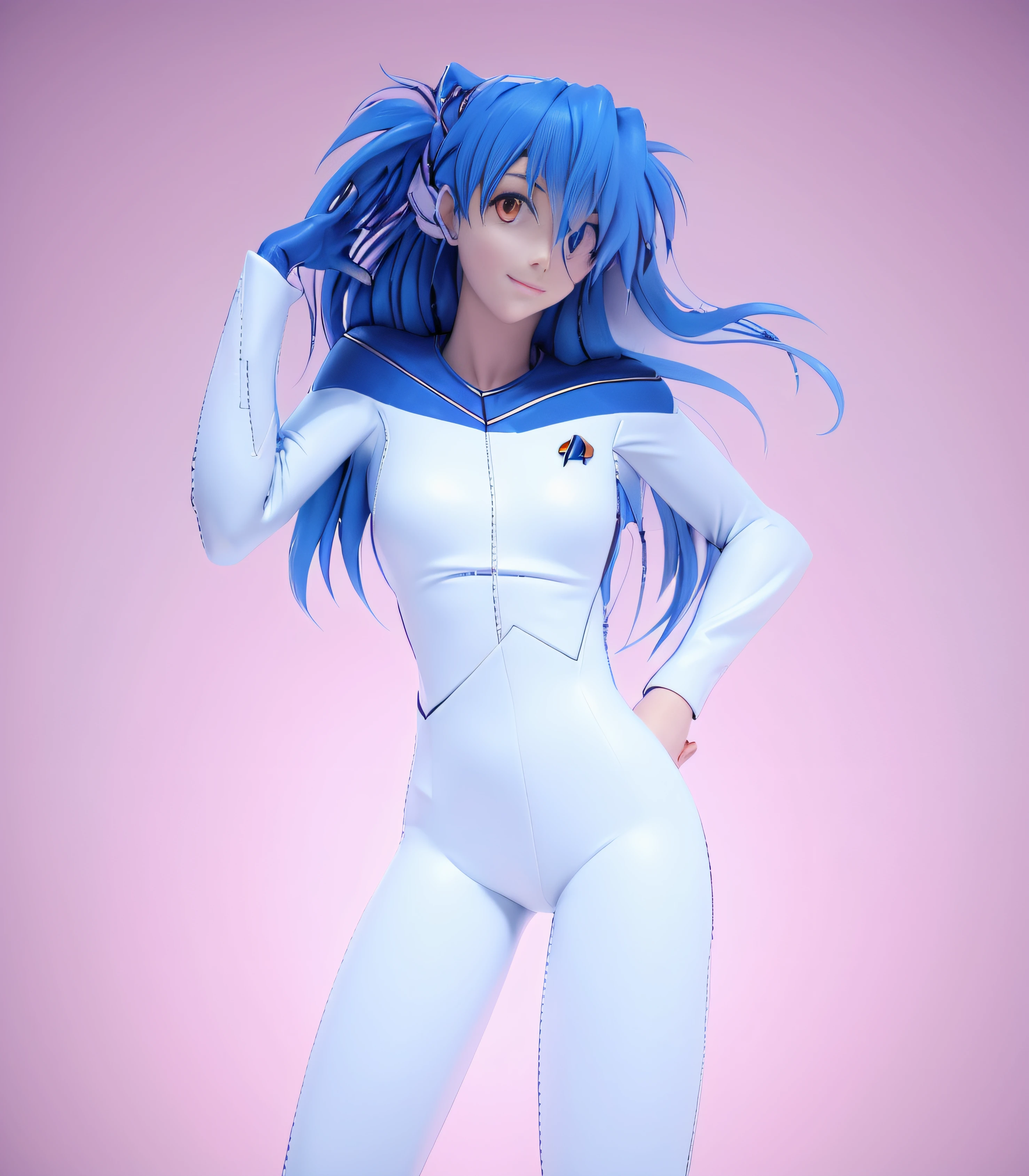 "Chica de anime bishoujo, asuka (evangelion), Static figure, Figura de renderizado 3D, Estilo de figura coleccionable, Traje de vuelo ajustado, sonriente, Cabello pelirrojo, ojos azules, uniforme de la flota estelar, uniforme de star trek negro"