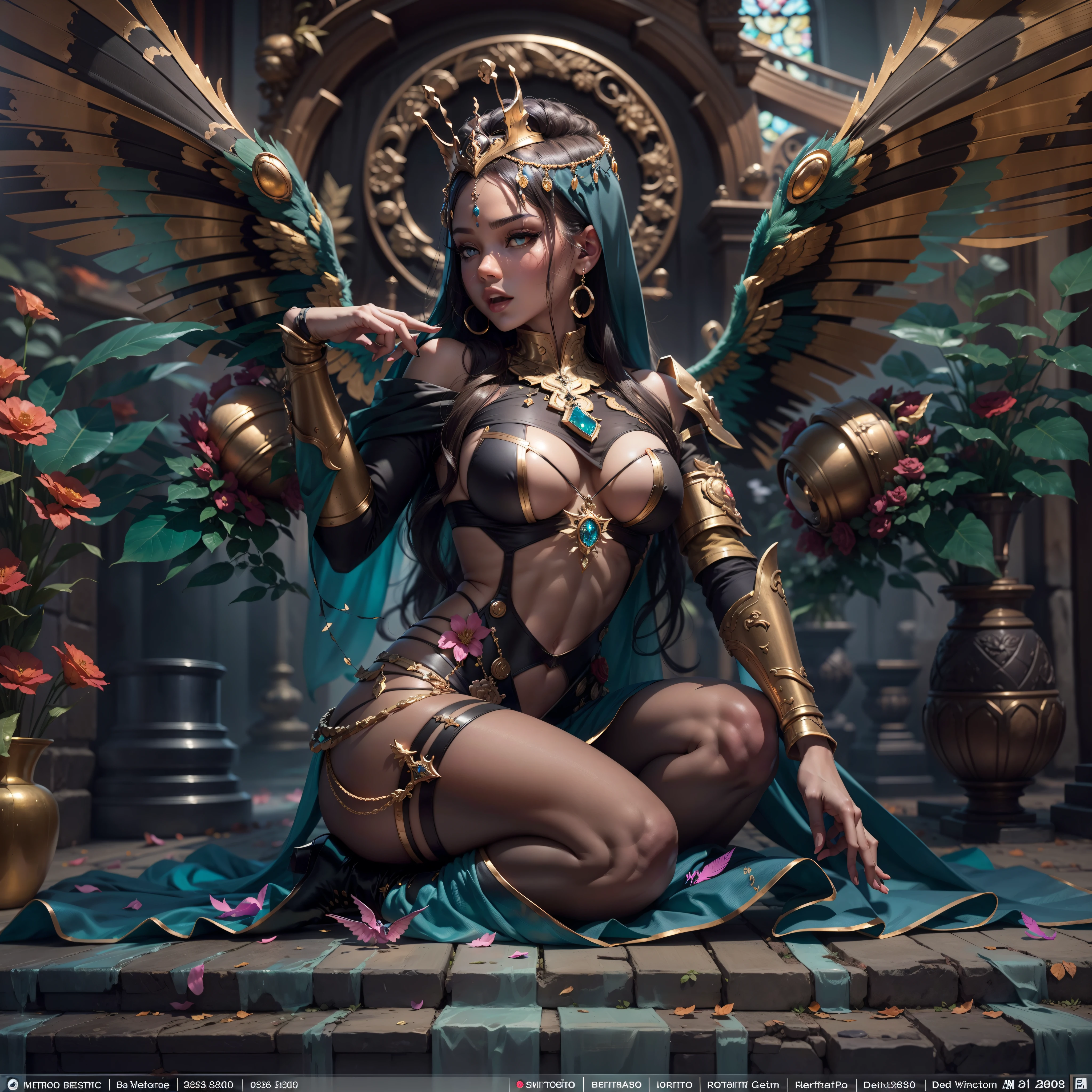Masterpiece ultra close profile Goddess Durga Sun urban Forest graduate deep path equirectangular_360 contre-jours Beholder "medieval" outfits priestess suit crux Caduceus backlight luminescence saturate Sunlight ecstatic volumetric ultra pro-photorealist optimal details best_quality max accurate reflex highres 3dcg color-coded improved Octanes-rendues UHD XT3 16K 32K:2 64K DSLR HDR UnrealEngine5 enhanced ombre analogique ultra_sharpness symmetrical angel surmounted wings surrounded intertwined feather Queen Native éblouissantes Valkyrie-wings key "Heavy Metal" Will-o'-the-wisp pixie sprite kindergarden conceptual safe female glamour walking slow motion Chevaleresque "Nicki Minaj" Cosplay "Rihanna" aristocratic "beyonce" athletic fullbody tanmed skin perfect face hairstyle obvious agate divine cheekbones effects reddened embarrassed lazuli eyes beautiful eyes Brown Pupils Black Iris Turquoise Sapphires Open Mouth water drop of water tongue droplet Teeth Smiles pilot Jacket Floating fringe Pearls Eccentric Cape Levitating Shoulders-Off chemise blanches dentelles clavicules papillotes breasts satin orange sideboob felt corsait yellow spinels thick leather skirt assortie amples nombril size revealing heart belt chastity cadena pubic scarlet pubis-hairy obvious silk indigo silver adorned gold padlock thighs legs garters Gothic stainless steel boots decorated onyx monastery opal marble ruby background Sundrop mannequins lantern dressed armor richly decorated dramatic defenestrated chrome metallic flat bands fathoms brass fullbodye lys rune ornate emerald plasma embroidered glyphs Tourmaline wood engraving lava fire magic summon Tiger incandescent Crystalline creature familiar robot Mecha (EOS R6 135mm 1/1250s f/2.8 ISO400) Mechanized conjuration monarch viceroy flowering butterfly Hearth CGSCOSITY invocation feline monster floraison population Ark Church chain window "Ouroboros" Earth Cathedral chef-d' tattoo "Bruce Weber girls" nsfw varied multi etc.