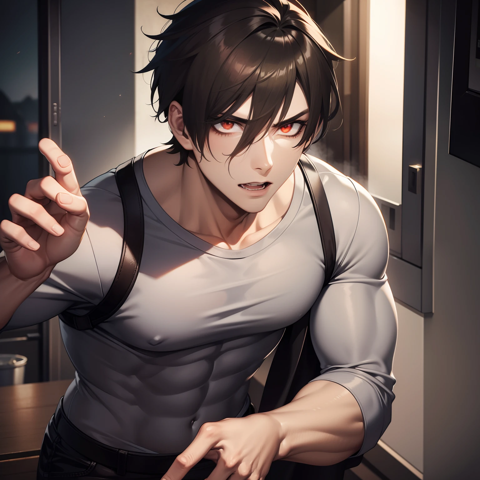 Male. Attractive Zombie. Glowing Gray eyes. Muscled. Brown hair. Short, spikey hairstyle. Dressed in casual clothing.