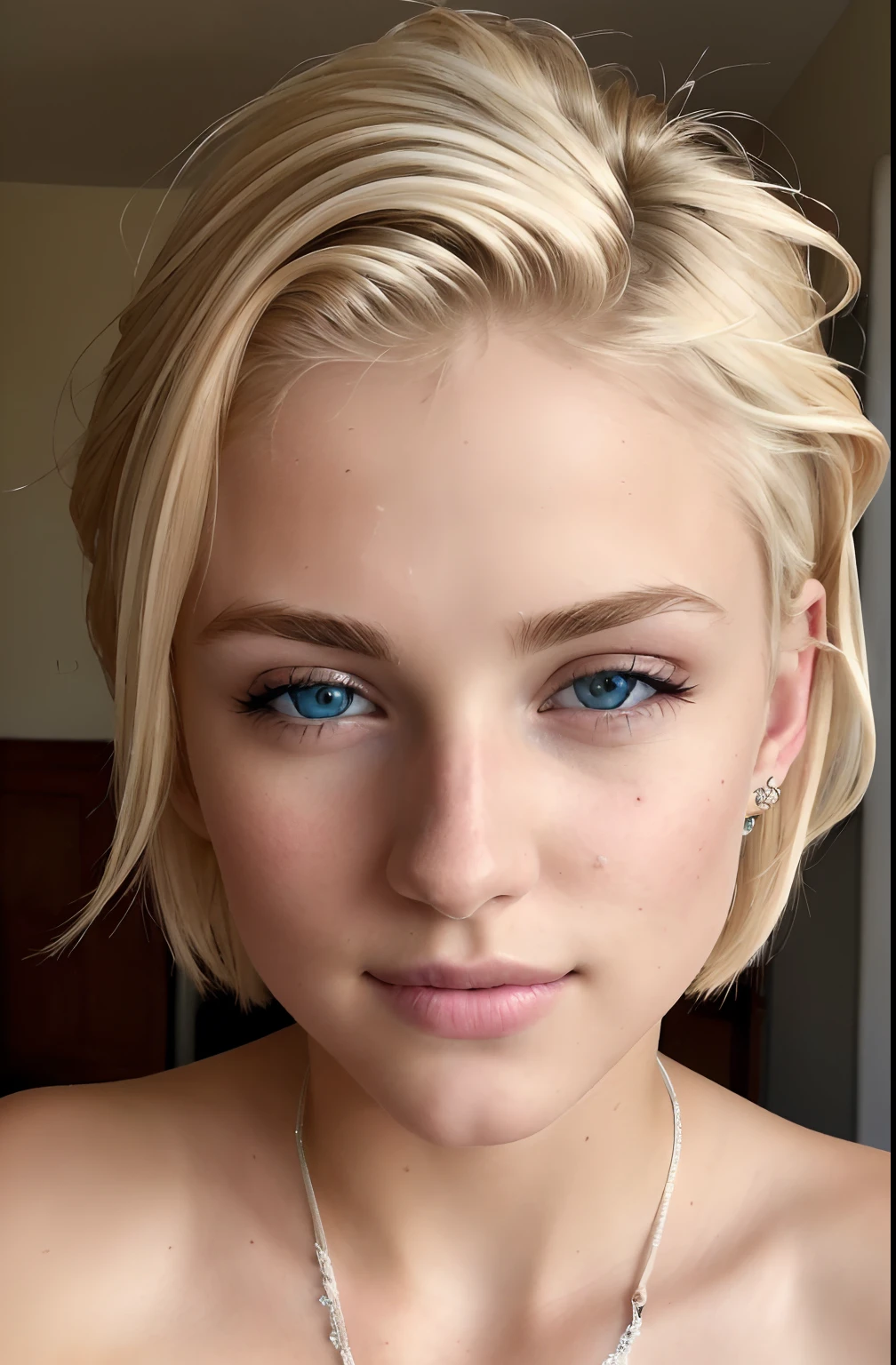 ((best quality)), ((ultra res)), ((photorealistic)), (intricate details), 19 years old, blonde hair, perfect face, light on face, face detail, NAKED, short hair,