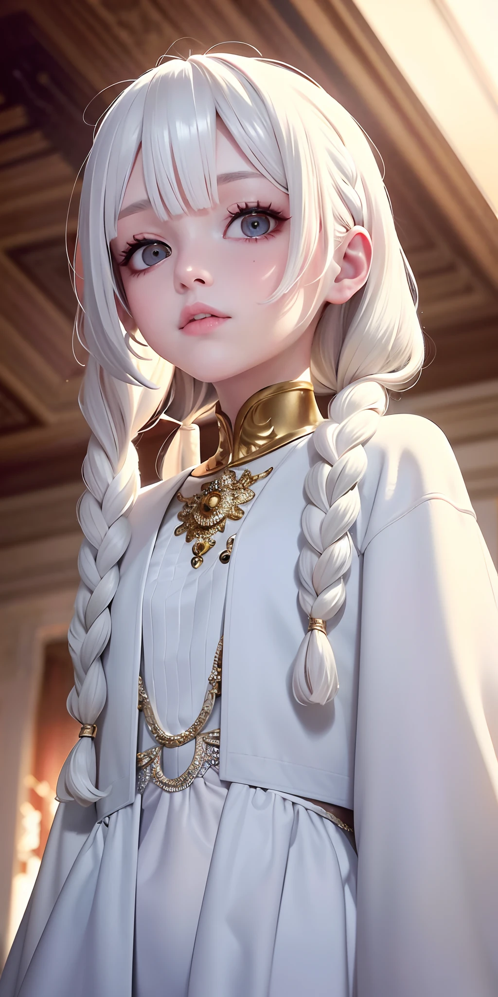best quality, masterpiece,white hair, gold eyes,white clothes, looking up, upper body,hair strand,Fair skin,side braids