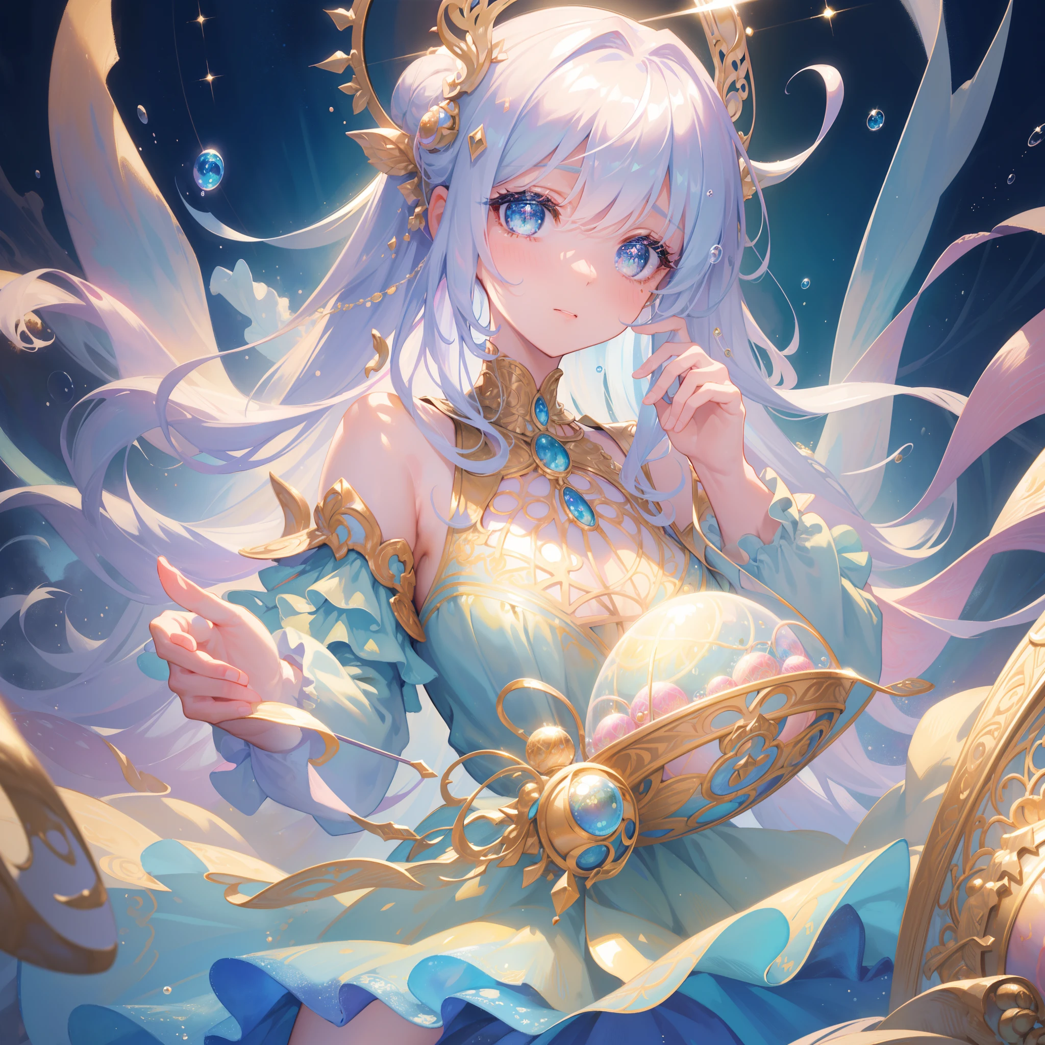masterpiece, best quality, 8k resolution, sharp focus, intricate detail, beautiful girl, sparkling eyes, golden ratio face, otherworldly liquid, watercolor, pastel colors, bright colors, whimsical, colorful, sharp focus, high resolution, fine detail, ((layered tiered puffy long sleeves ballgown)), ((round eyes)), iridescent bubbles, fantasia background