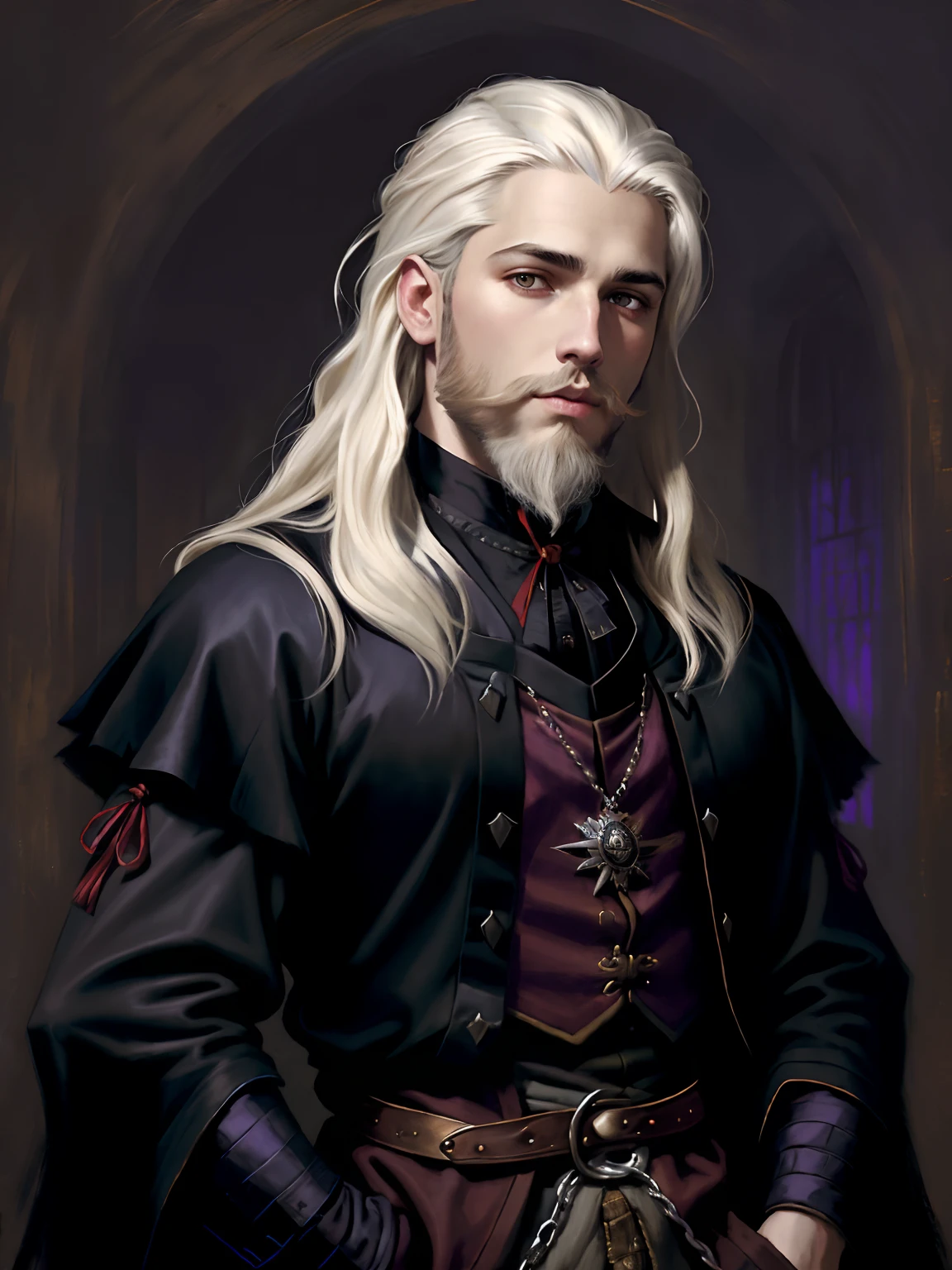 painting of a young man with a beard and short and messy platinum blond hair wear the clothes of a nobleman of the middle ages in black colors with red and purple details in the style of Bowater's art, directed by: Robert Lenkiewicz, Geraldo Brom, Alberto Lynch, cabelos curtos bem cortados, cabelos curtos bonitos