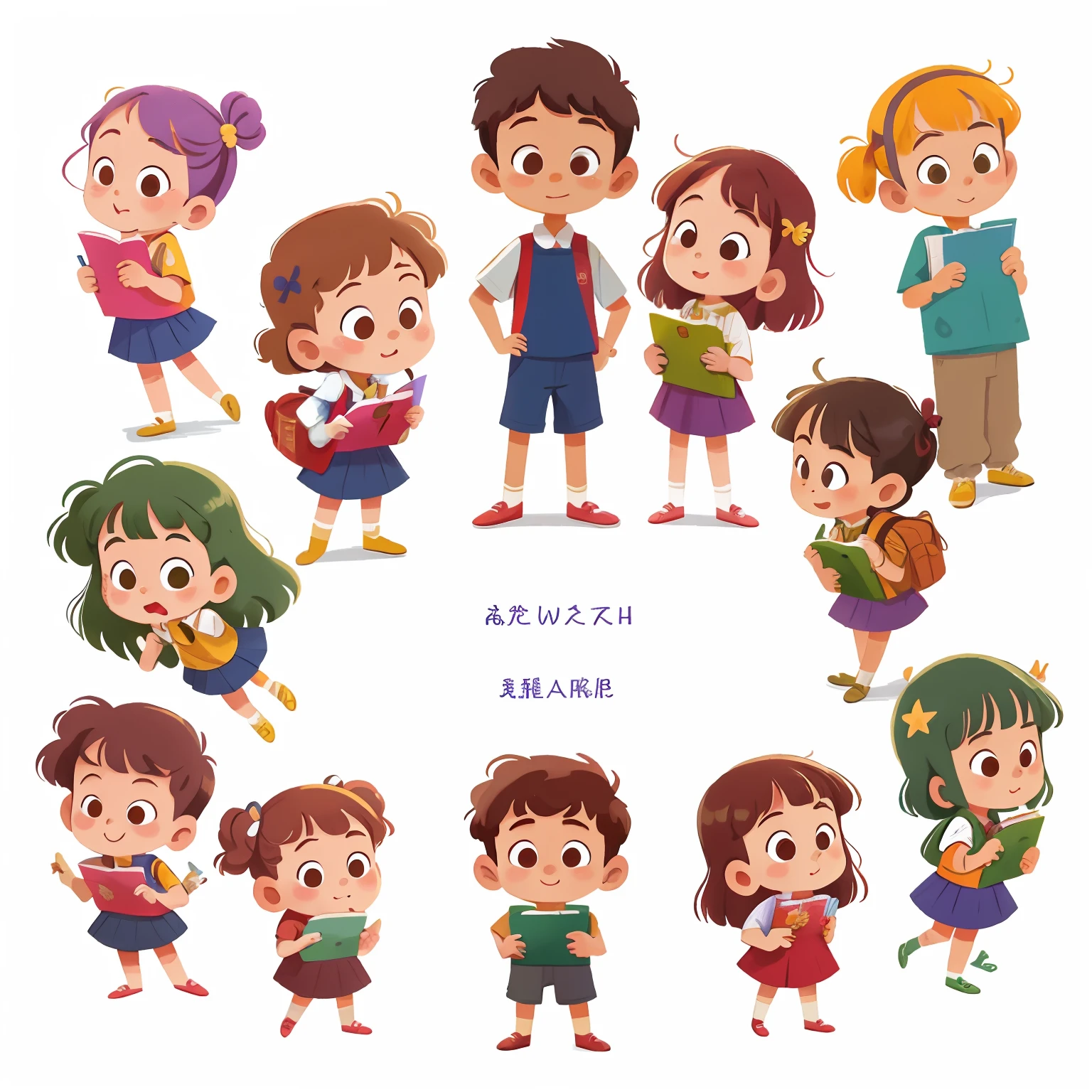 illustration, masterpiece, best quality, School teacher, in school uniform, with several students (girls and boys) standing side by side hand in hand standing side by side, hand on shoulder from opposite, Happy, full body, in the style of children book character, character sheet, white background, adjective + object, character sheet, children book character, white background, white background, looking at viewer,