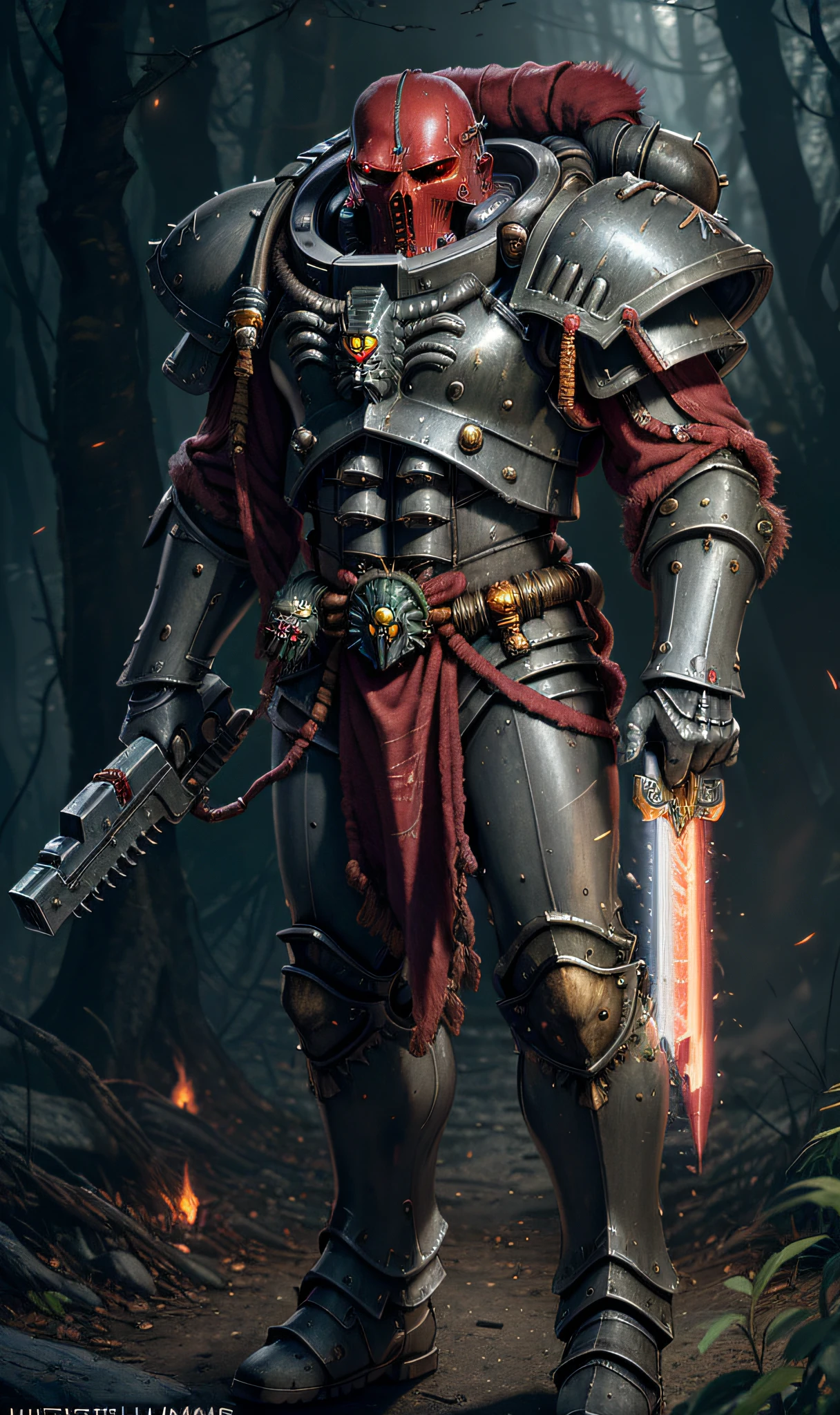 (4k ,ultra detailed:1.2),(realistic:1),illustration,(photorealistic:1), druid, warhammer 40k, space marine, Steel Gray Platinum Light red armor, (highly detailed skull:0.8), realistic reflections, cinematic composition