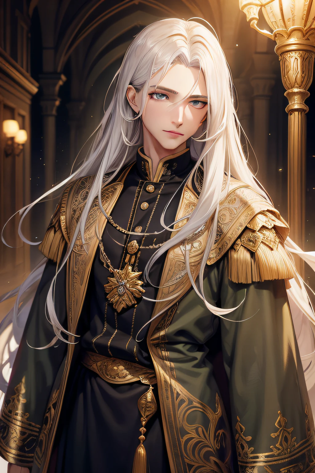 (Masterpiece level, offcial art, Beautiful and beautiful work),(Best quality:1.2), (Beautiful detailed eyes :1.2), Light on the face,Cinematic lighting effects, tmasterpiece，best qualtiy，1boy，Handsome，long whitr hair，Fine eyes and detailed face，（Black ancient French clothing），Silvery hair，Green eyes，Light smile depth of field effect, Full body appearance,".