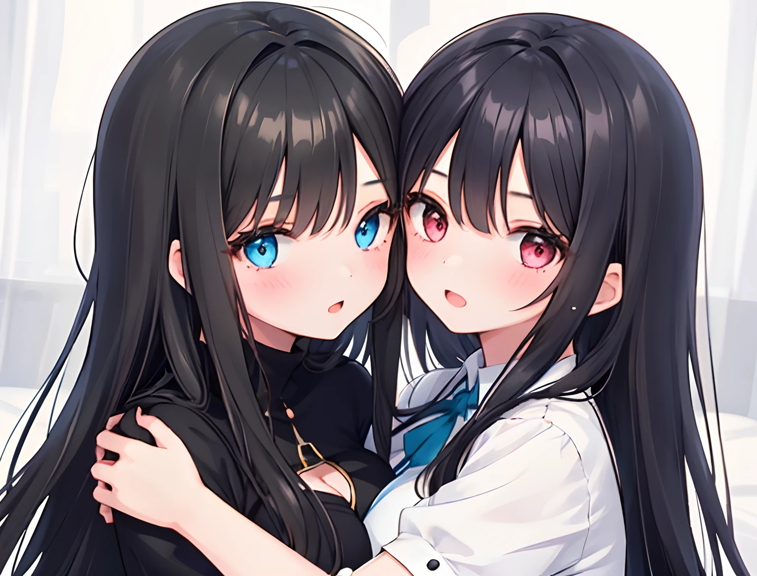 2girls,Girl1:adolable,black color hair,long whitr hair,girl 2:black color hair,long whitr hair, hugs,Breast snugs