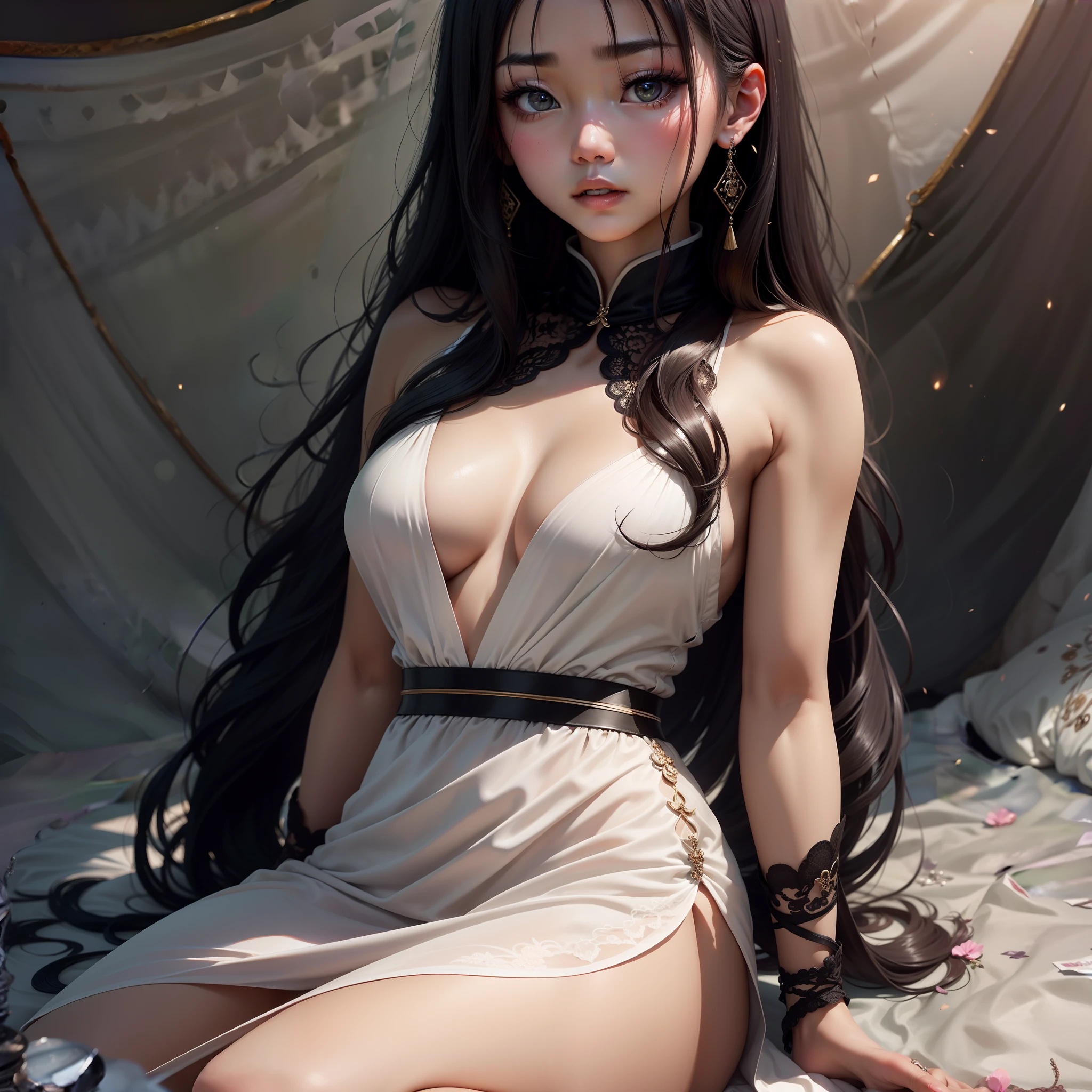 Black color hair,brunette color hair,Long hair,largeeyes,Asian people,黑The eye,Beautiful and delicate girl,Beauty in dreams,tmasterpiece,wears a white dress,Stylish outfits